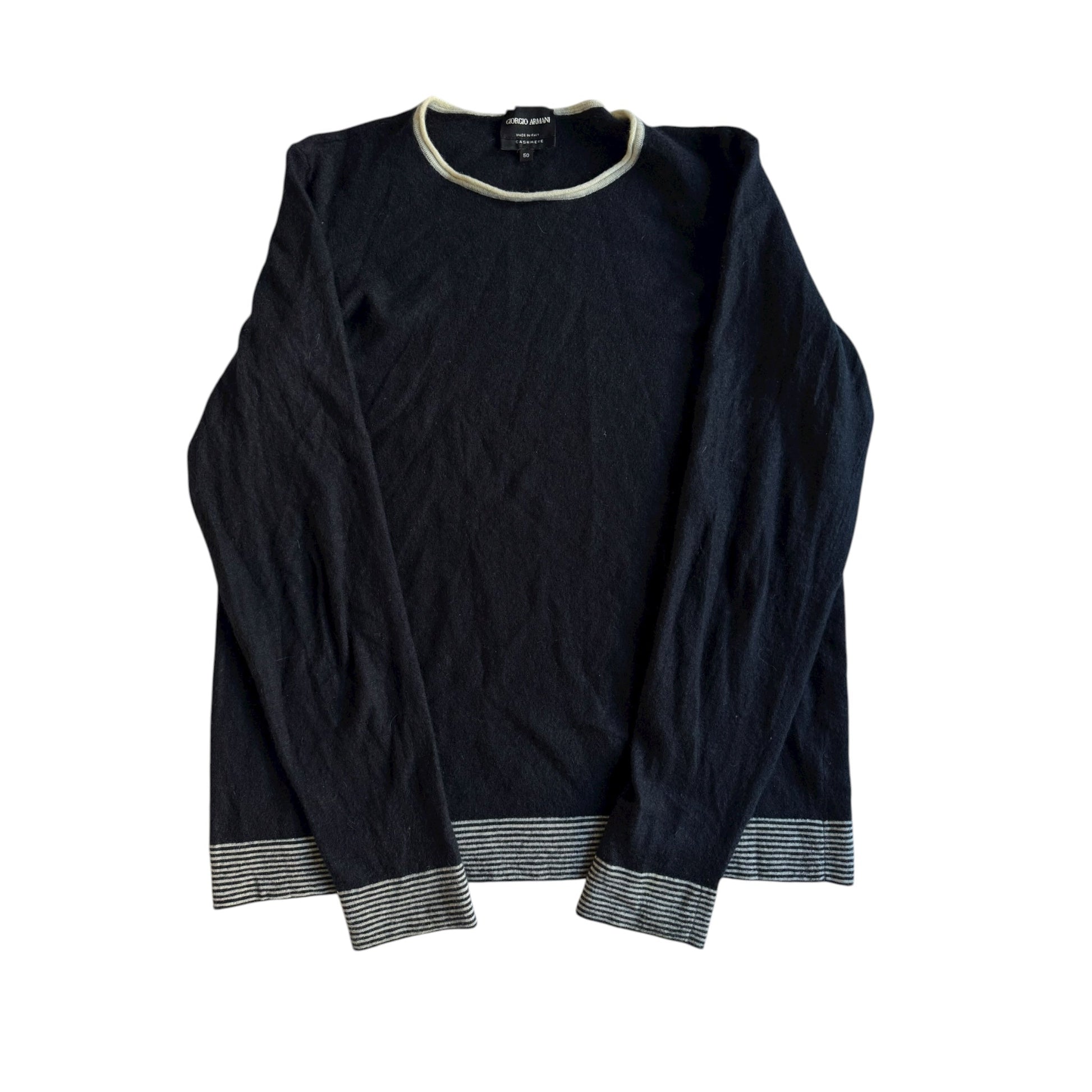 ⚓️ Pulover Giorgio Armani Bleumarin / Cashmere cu Manșete în Dungi (Mărime S Bărbați) - anbracaminte
