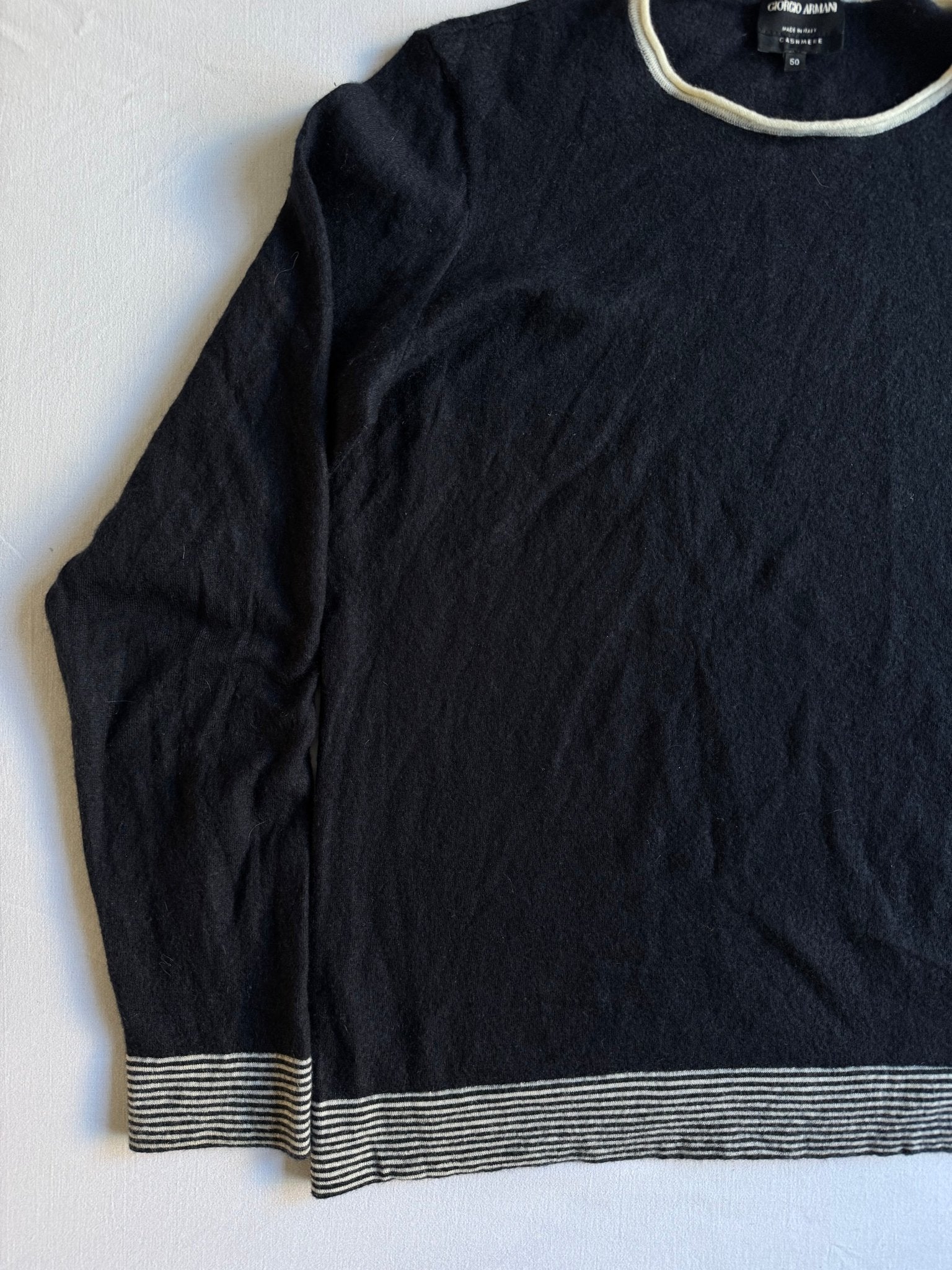 ⚓️ Pulover Giorgio Armani Bleumarin / Cashmere cu Manșete în Dungi (Mărime S Bărbați) - anbracaminte