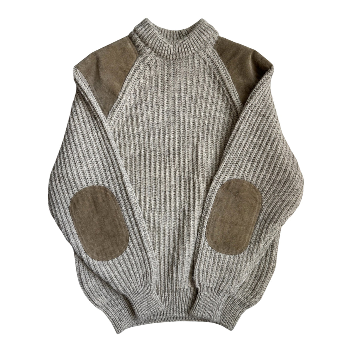 Pulover Lână Crem Vintage Bărbați | Patch-uri Piele Întoarsă | M Oversized / Regular L (M) - anbracaminte