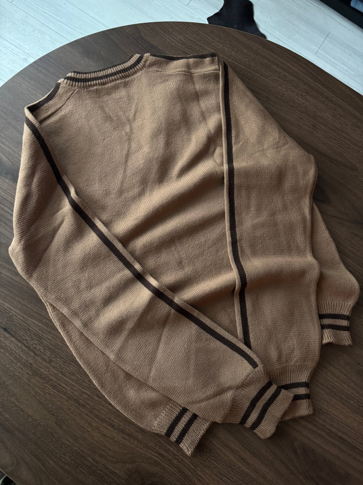 Pulover Lână Maro-Crem Vintage ’80 Bărbați | V Neck | M (48) - anbracaminte