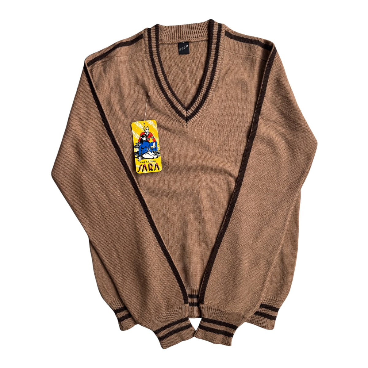Pulover Lână Maro-Crem Vintage ’80 Bărbați | V Neck | M (48) - anbracaminte