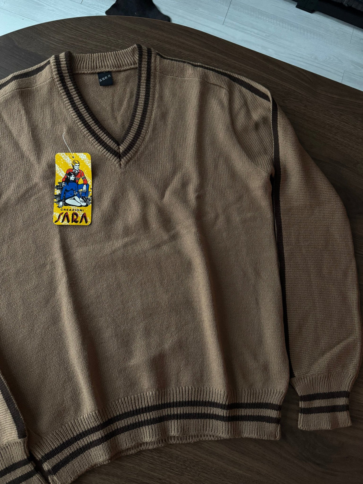 Pulover Lână Maro-Crem Vintage ’80 Bărbați | V Neck | M (48) - anbracaminte