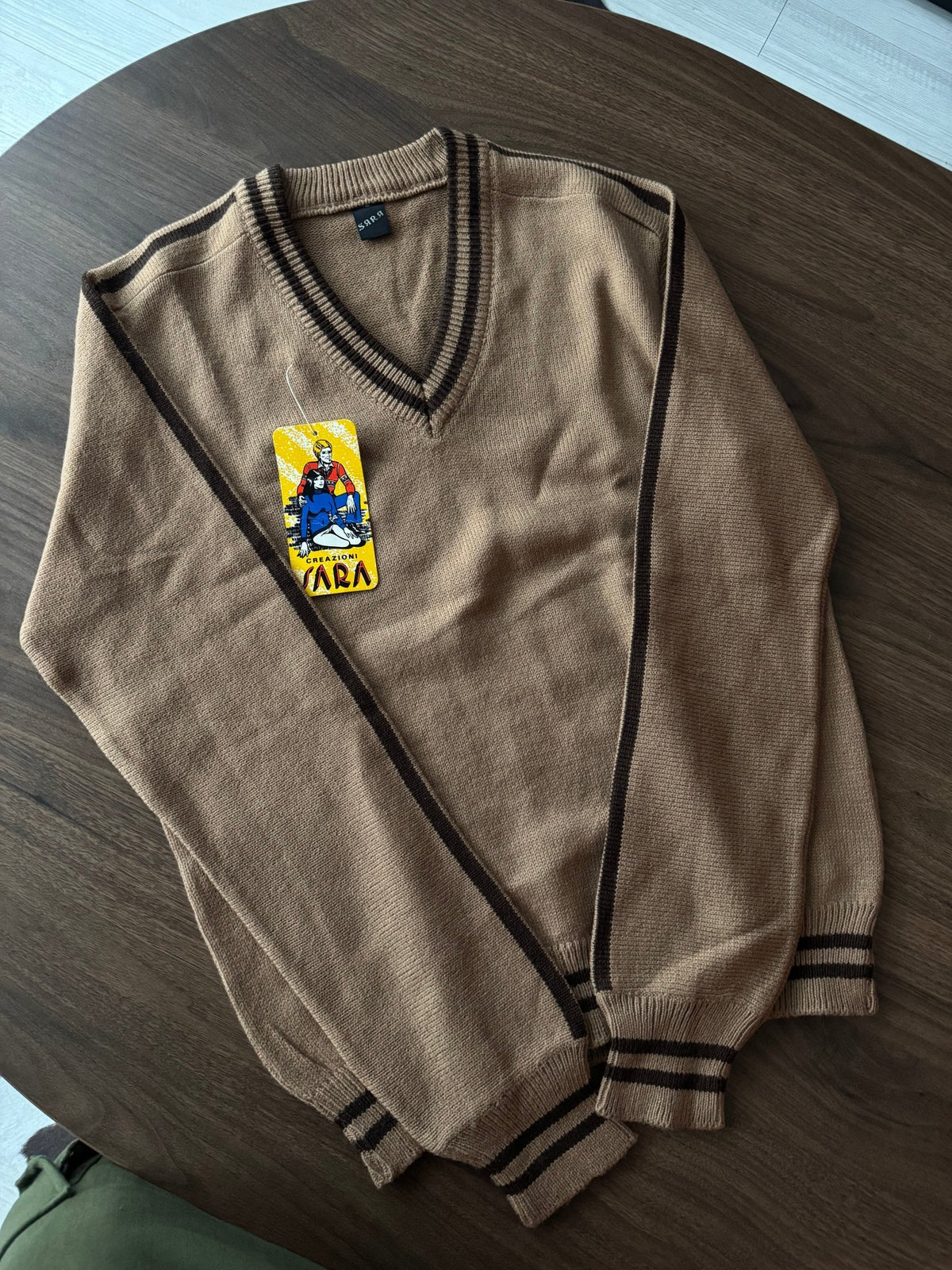 Pulover Lână Maro-Crem Vintage ’80 Bărbați | V Neck | M (48) - anbracaminte