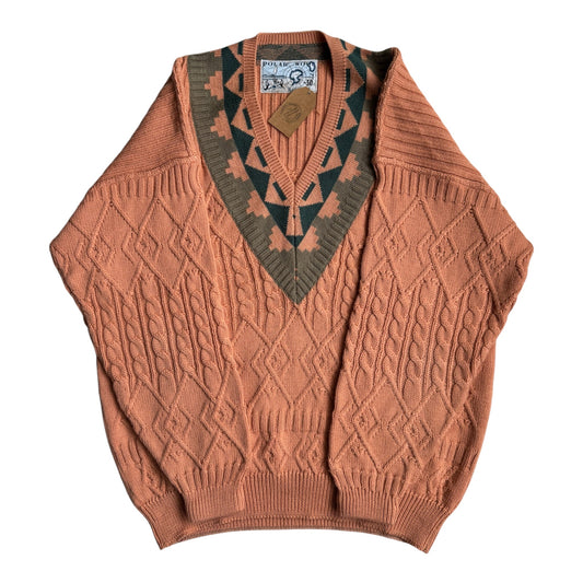 Pulover Lână Somon Vintage Bărbați | V și Motive Etnice | L - anbracaminte