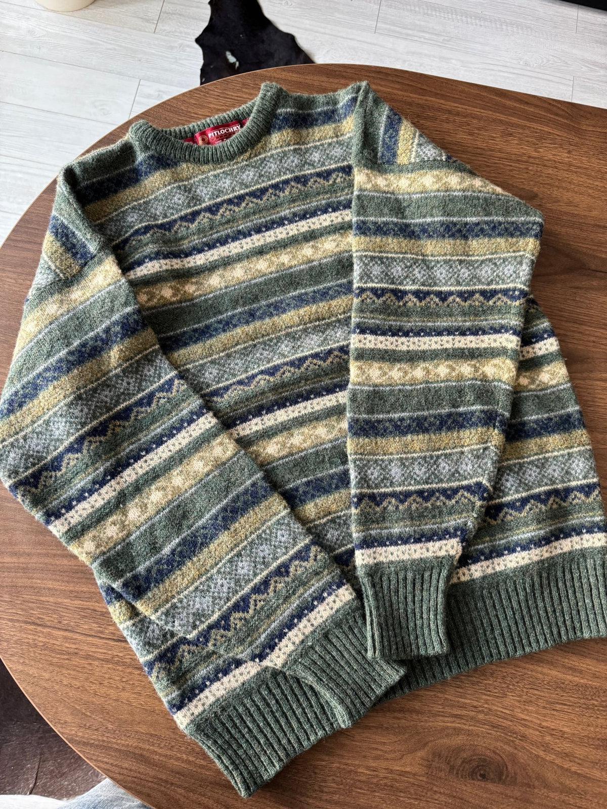 Pulover Lână Vintage Bărbați | Fair Isle Verde-Albastru | L - anbracaminte