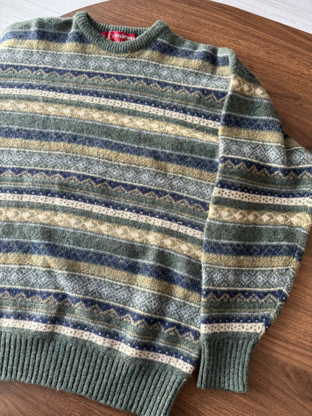 Pulover Lână Vintage Bărbați | Fair Isle Verde-Albastru | L - anbracaminte