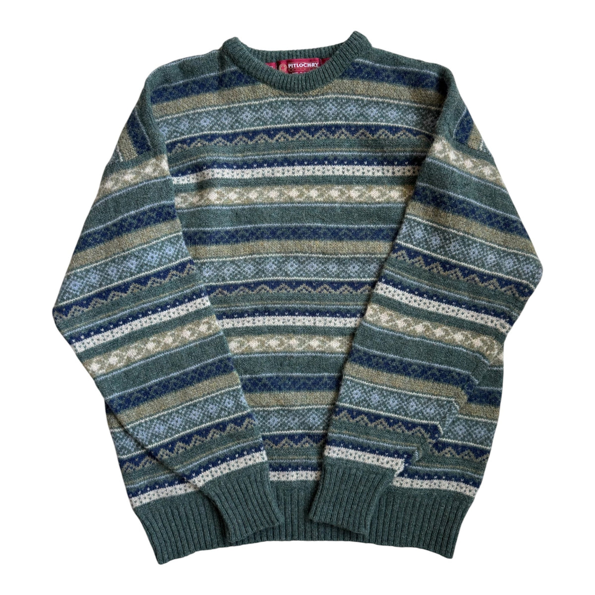 Pulover Lână Vintage Bărbați | Fair Isle Verde-Albastru | L - anbracaminte