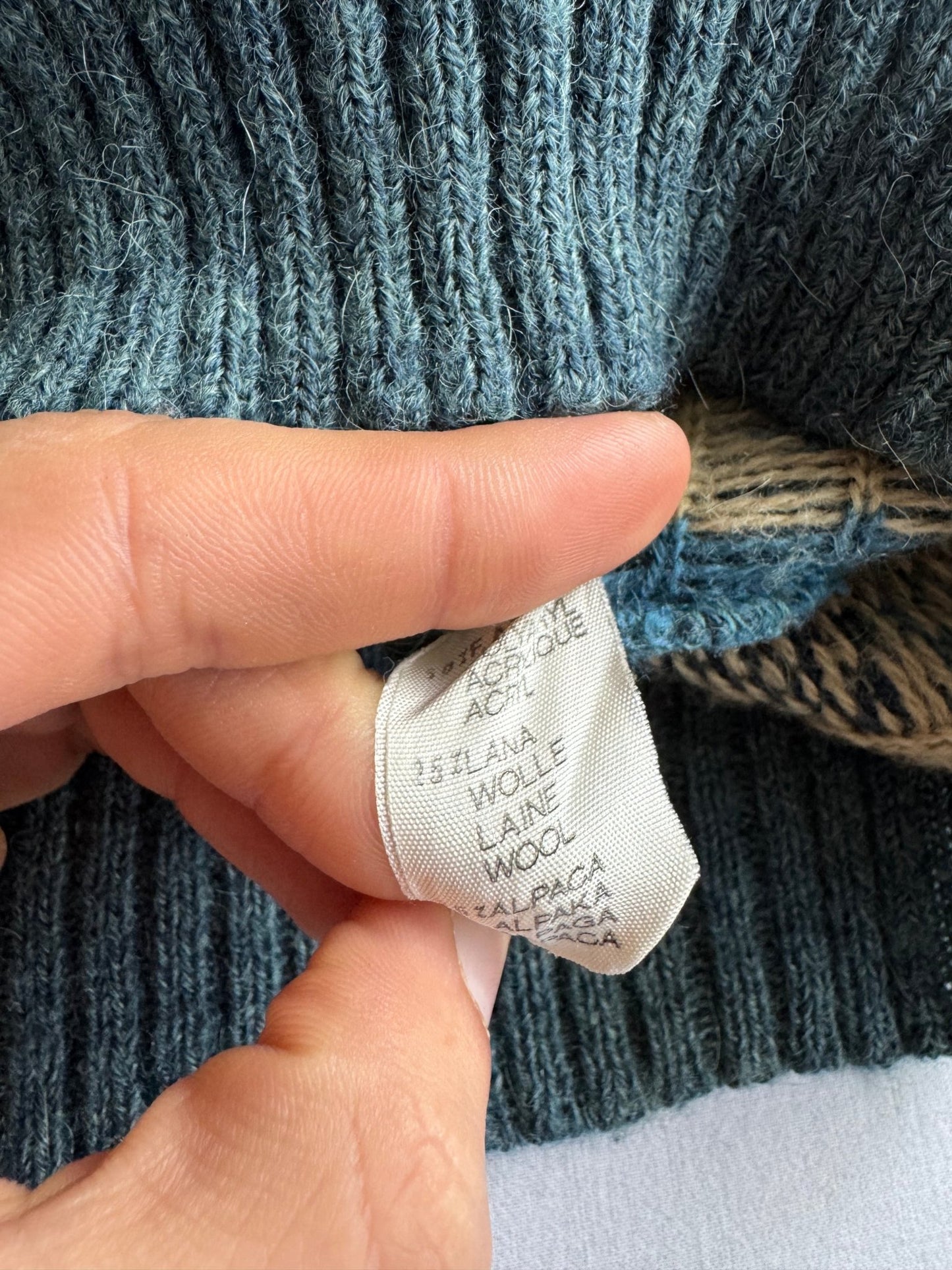 🧶 Pulover Vintage Albastru cu Model din Blend Lână & Alpaca – L (52) - anbracaminte