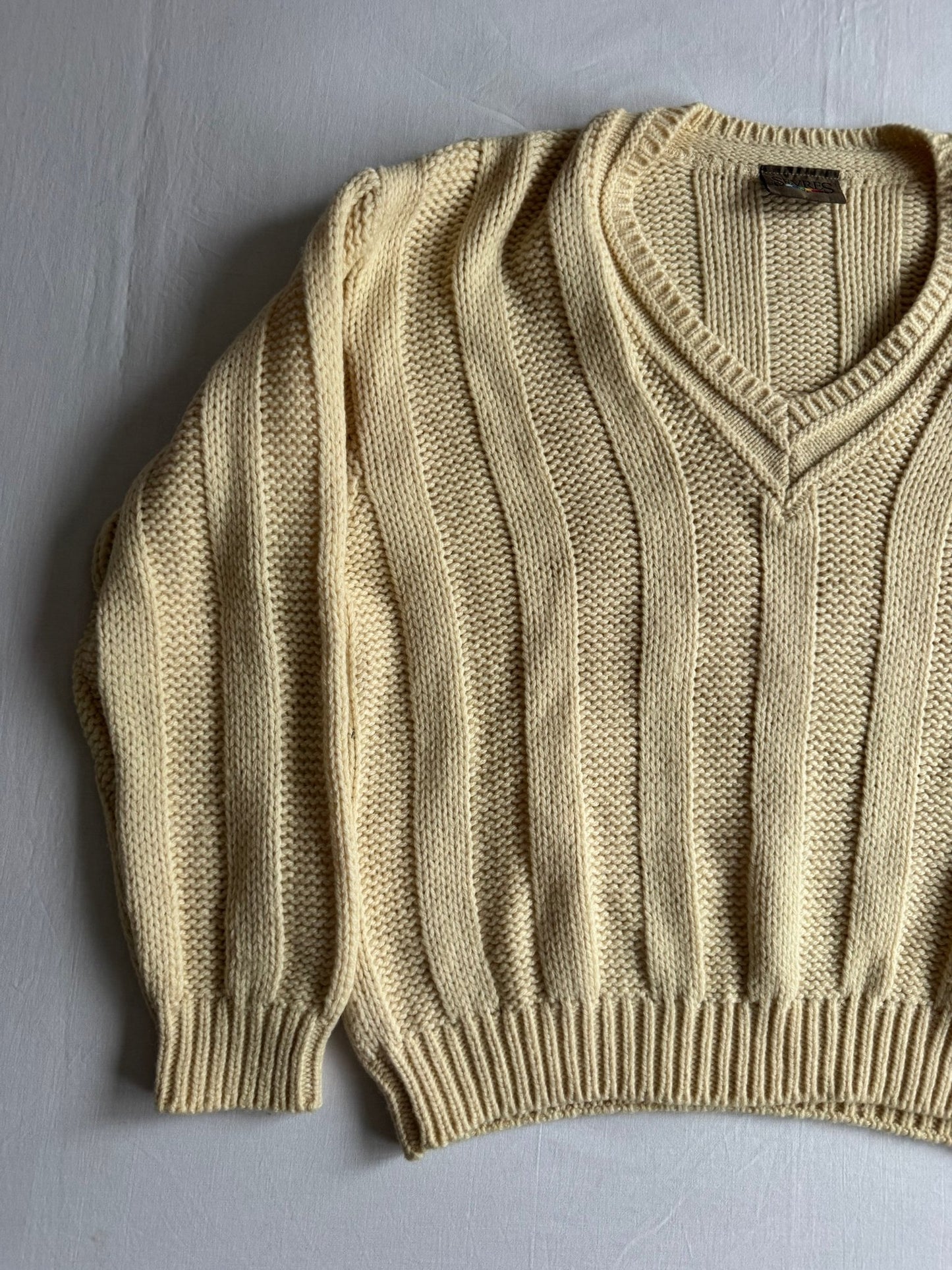 🧶 Pulover Vintage Bărbați Alb Natural cu Decolteu în V din Blend Lână – 48 (M) - anbracaminte