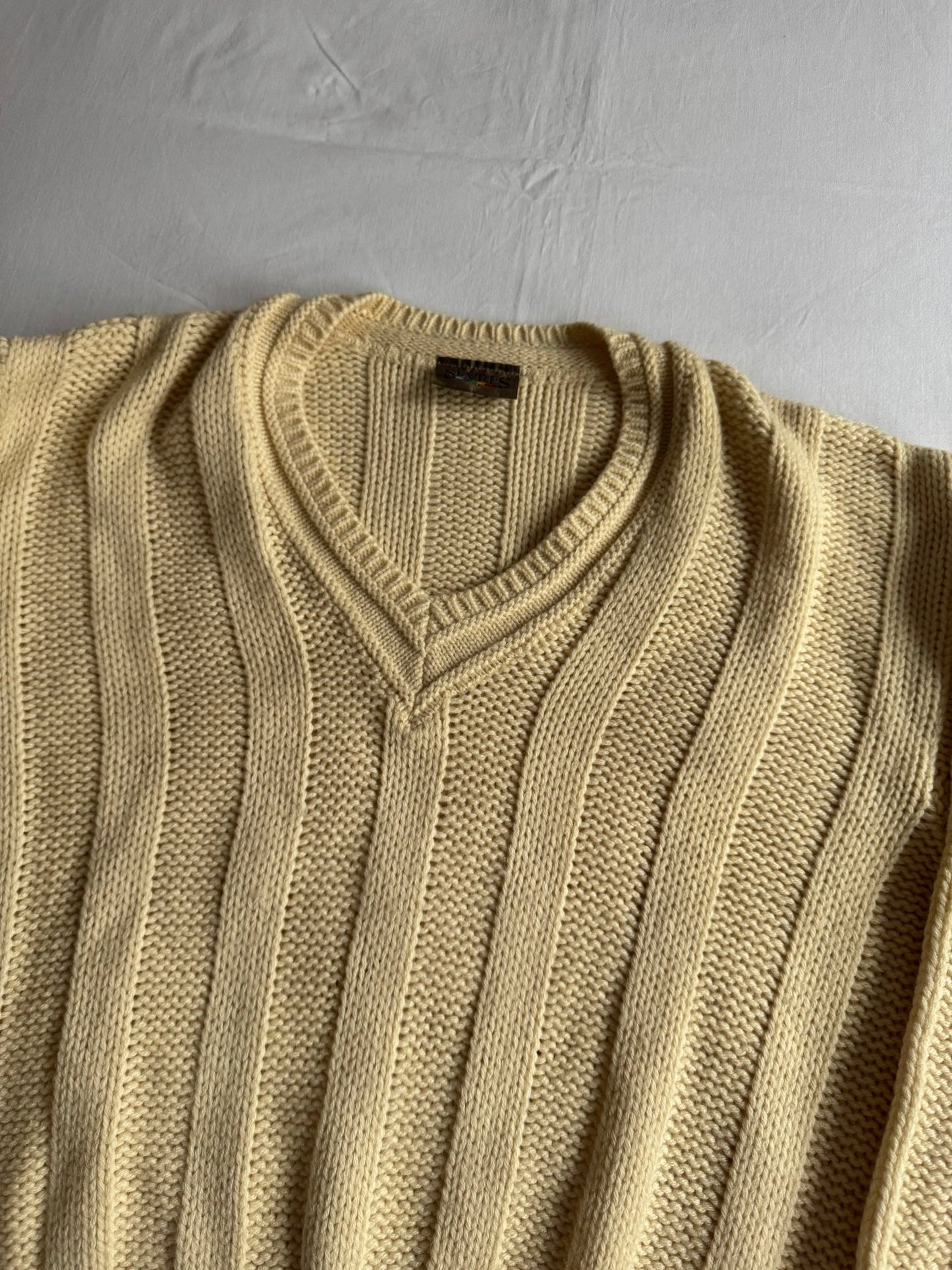 🧶 Pulover Vintage Bărbați Alb Natural cu Decolteu în V din Blend Lână – 48 (M) - anbracaminte