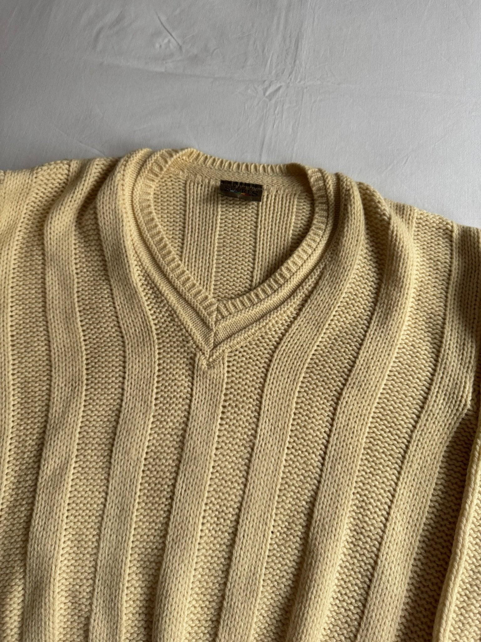 🧶 Pulover Vintage Bărbați Alb Natural cu Decolteu în V din Blend Lână – 48 (M) - anbracaminte