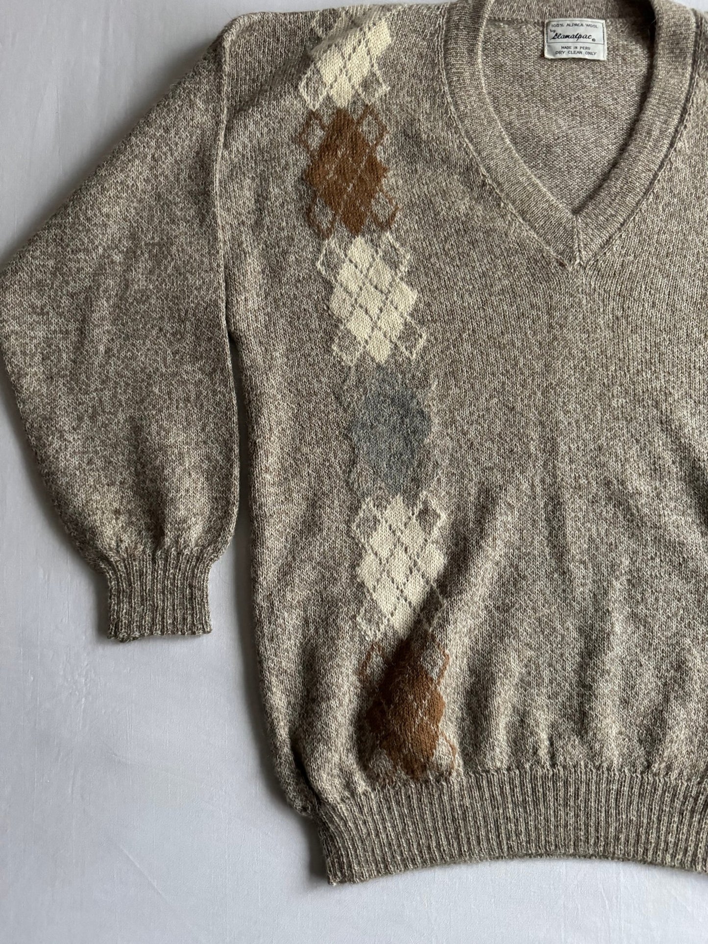 🧶 Pulover Vintage Bărbați Alpaca cu Guler în V și Pattern Argyle – XL - anbracaminte
