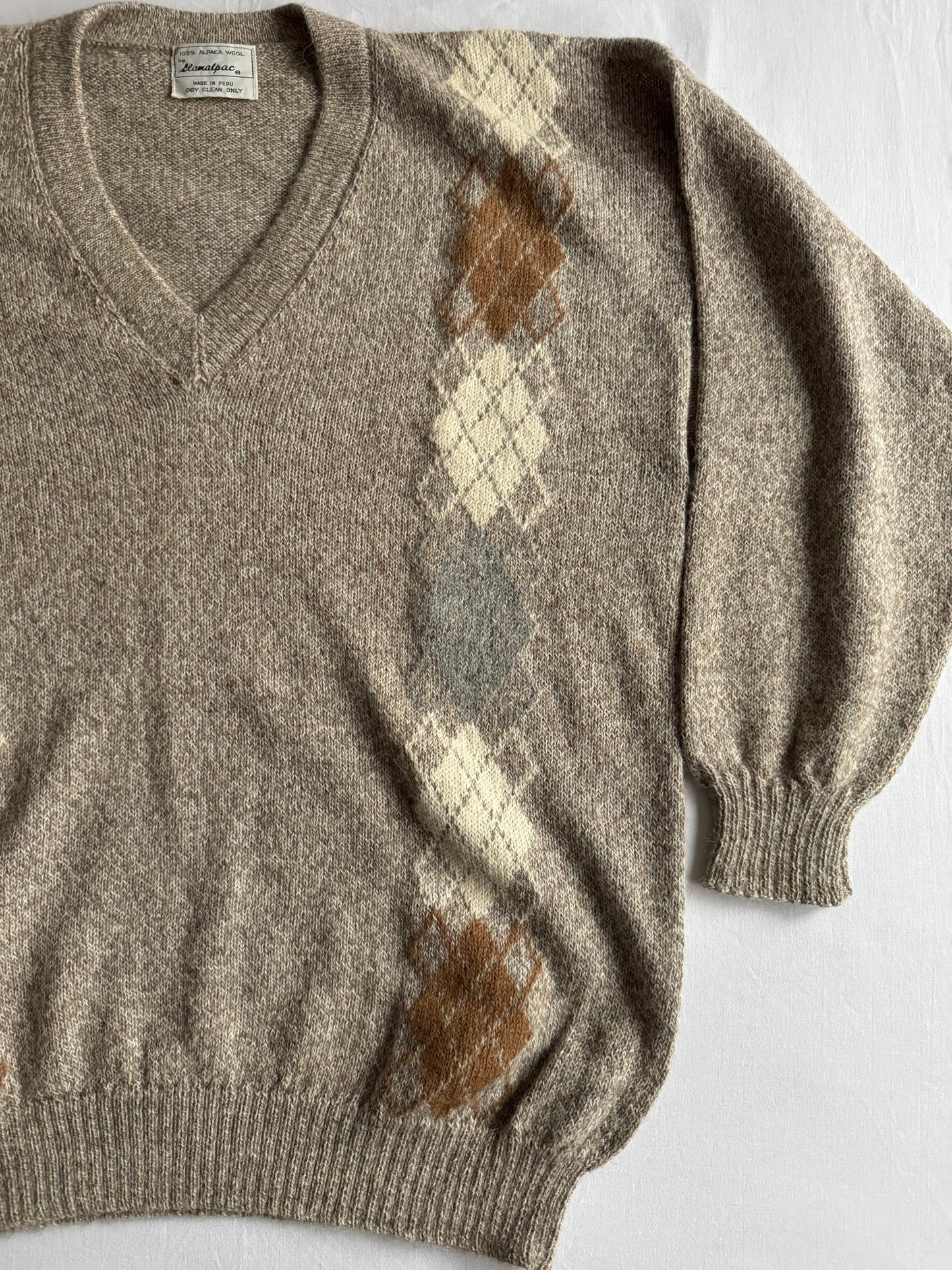 🧶 Pulover Vintage Bărbați Alpaca cu Guler în V și Pattern Argyle – XL - anbracaminte