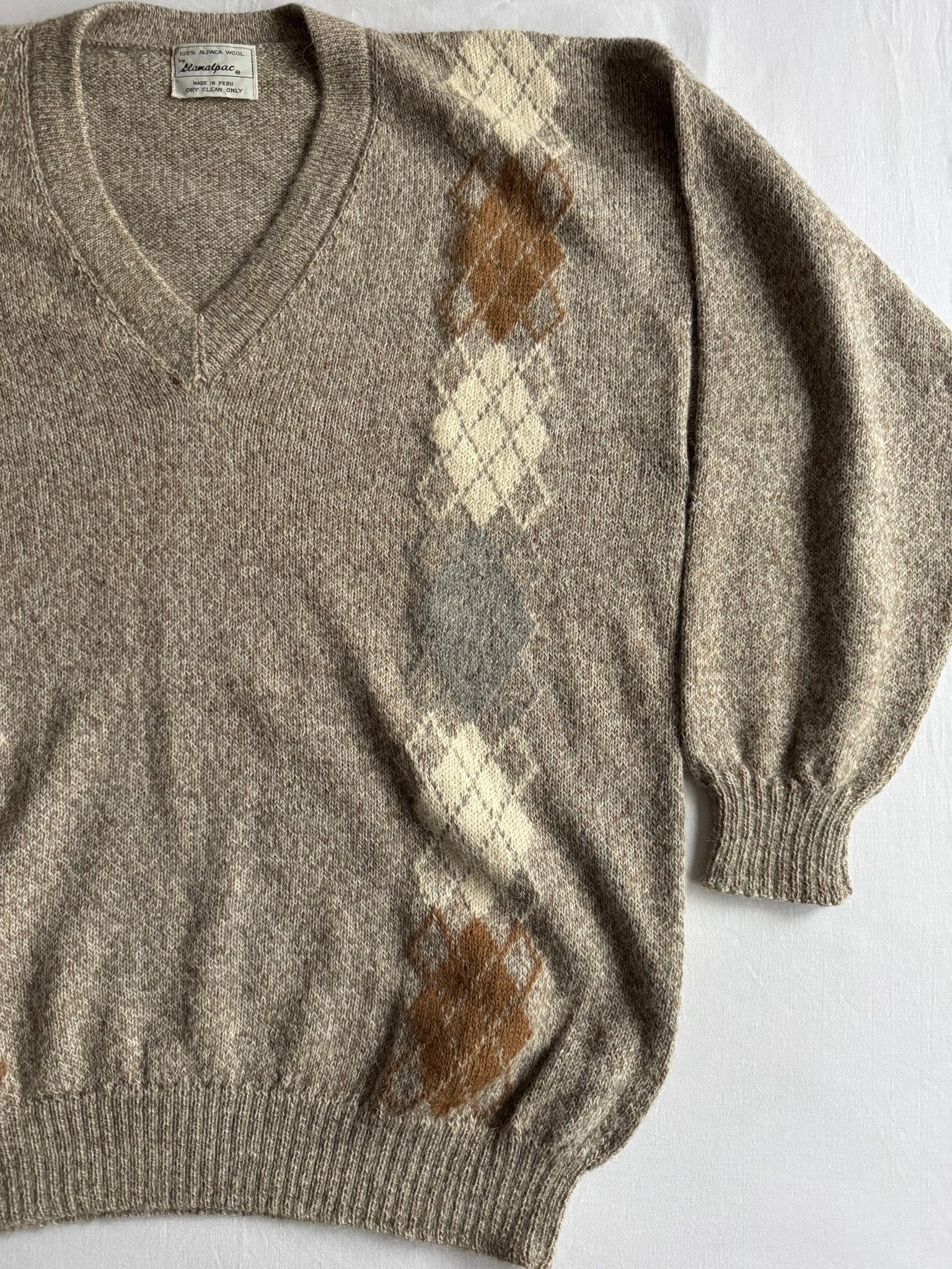 🧶 Pulover Vintage Bărbați Alpaca cu Guler în V și Pattern Argyle – XL - anbracaminte