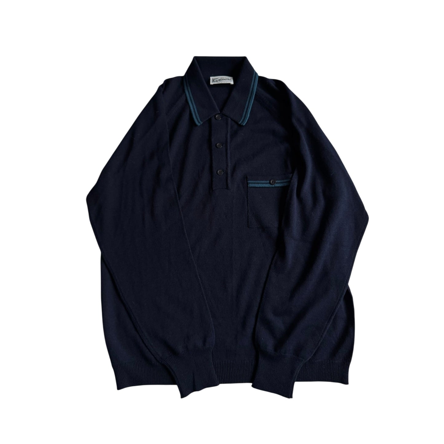🧶 Pulover Vintage Bărbați Ani ’70 Navy din Merino Extra Fine și Acril cu Guler Polo și Buzunar la Piept – L - anbracaminte