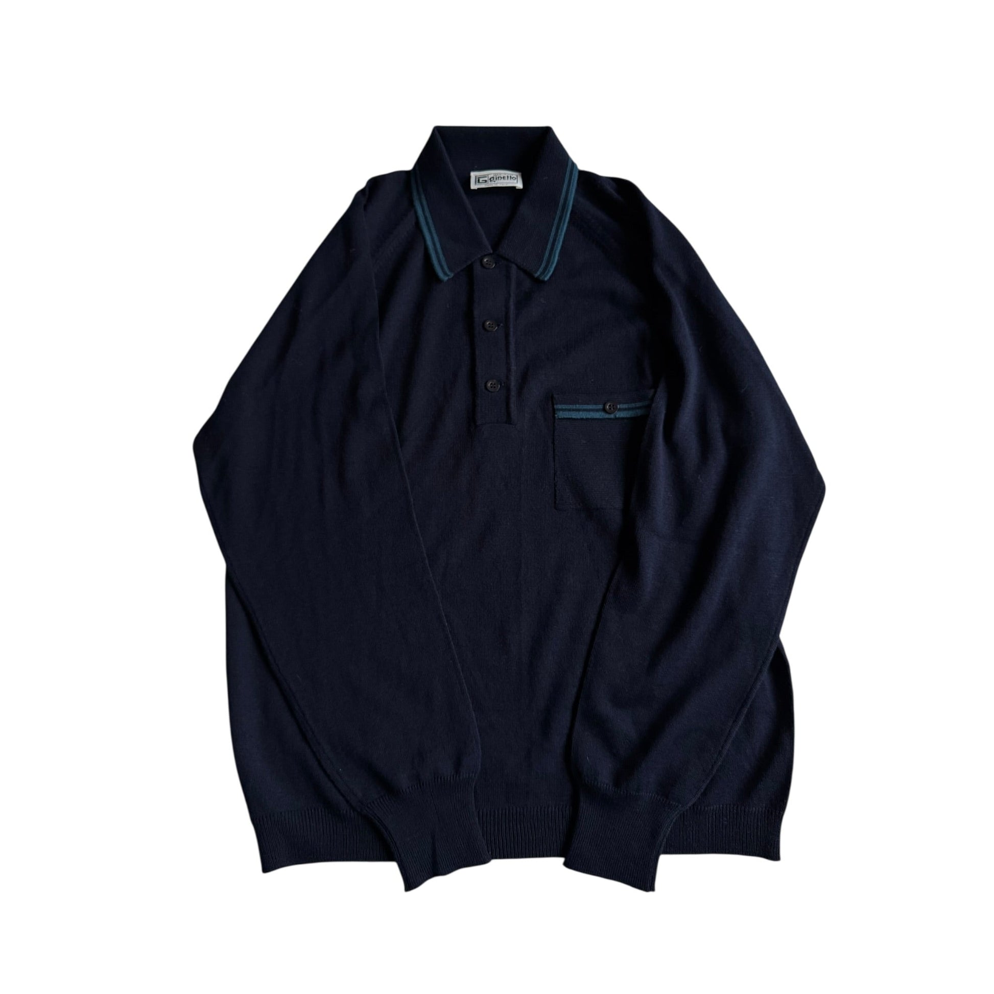 🧶 Pulover Vintage Bărbați Ani ’70 Navy din Merino Extra Fine și Acril cu Guler Polo și Buzunar la Piept – L - anbracaminte