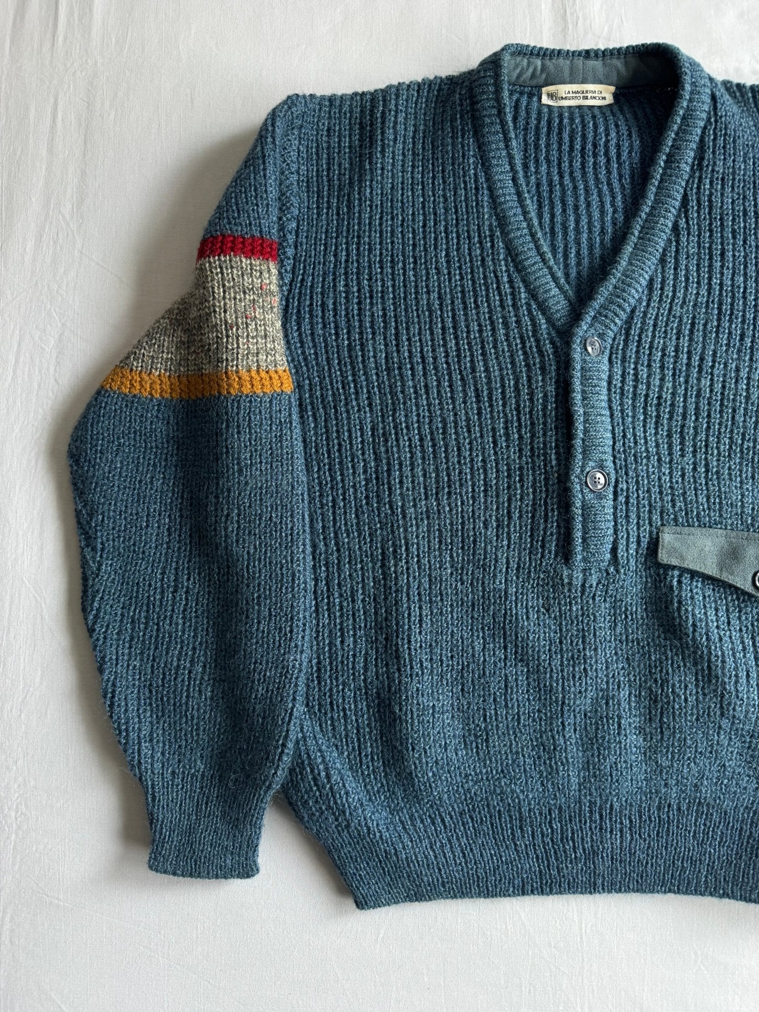 🧶 Pulover Vintage Bărbați Aqua Blue cu Decolteu în V și Buzunar la Piept – L - anbracaminte