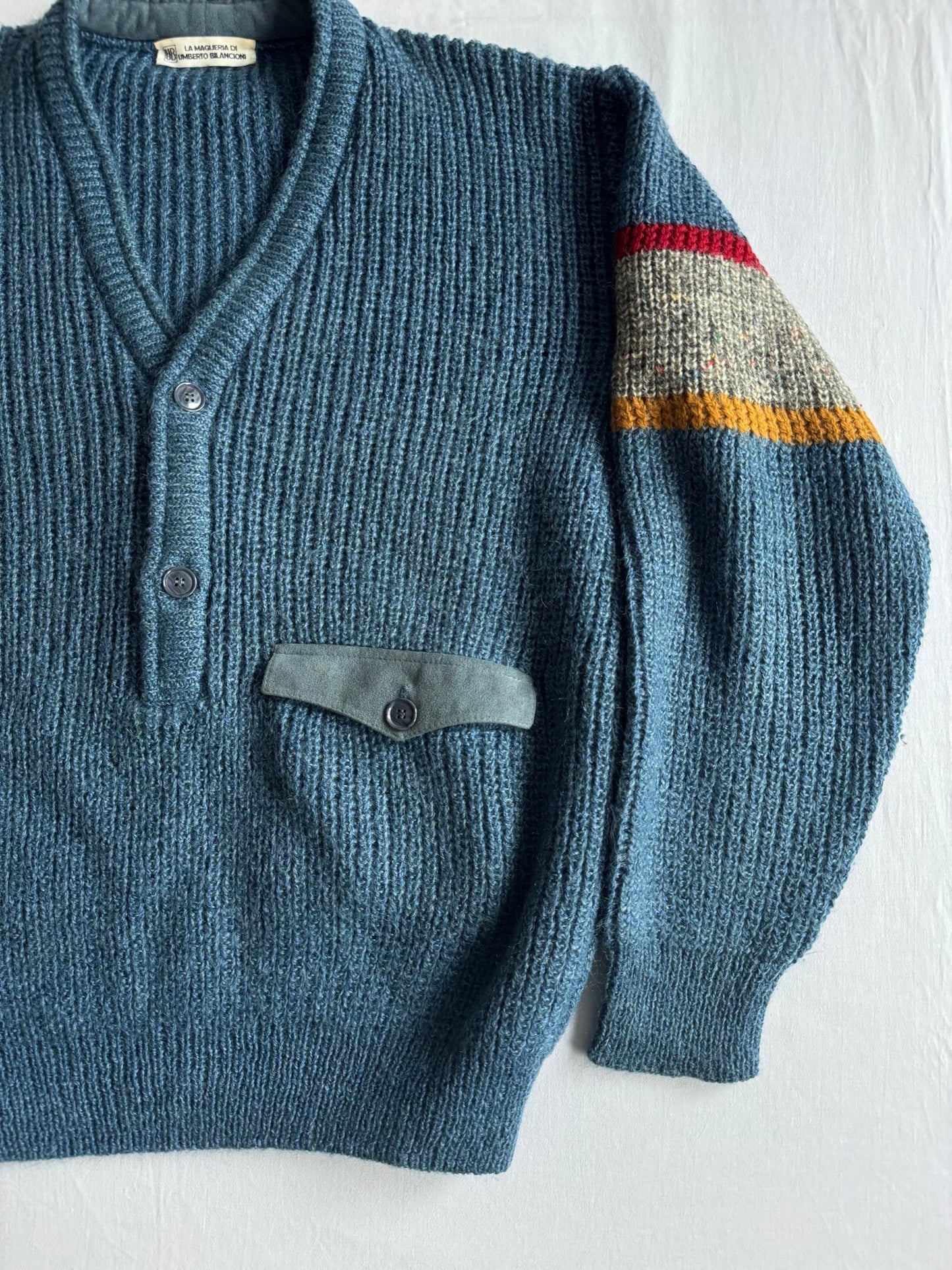 🧶 Pulover Vintage Bărbați Aqua Blue cu Decolteu în V și Buzunar la Piept – L - anbracaminte