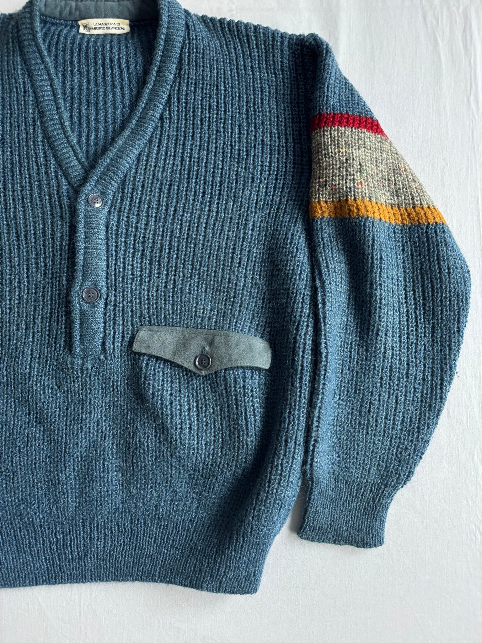 🧶 Pulover Vintage Bărbați Aqua Blue cu Decolteu în V și Buzunar la Piept – L - anbracaminte