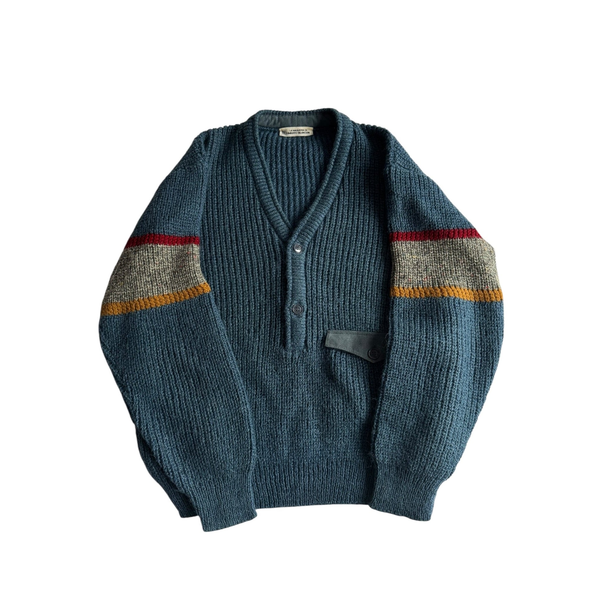 🧶 Pulover Vintage Bărbați Aqua Blue cu Decolteu în V și Buzunar la Piept – L - anbracaminte