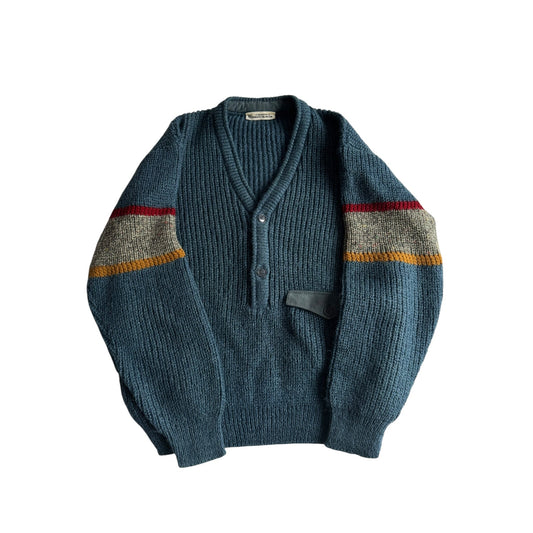 🧶 Pulover Vintage Bărbați Aqua Blue cu Decolteu în V și Buzunar la Piept – L - anbracaminte