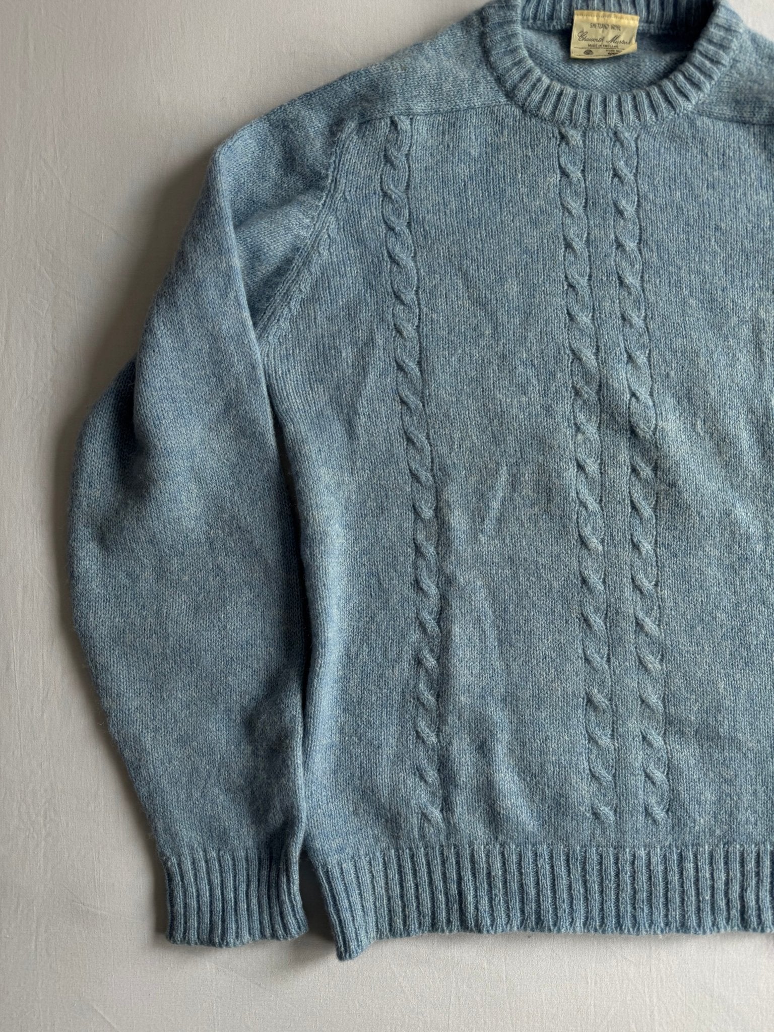 🧶 Pulover Vintage Bărbați Baby Blue Cable Knit din Lână Shetland – M - anbracaminte