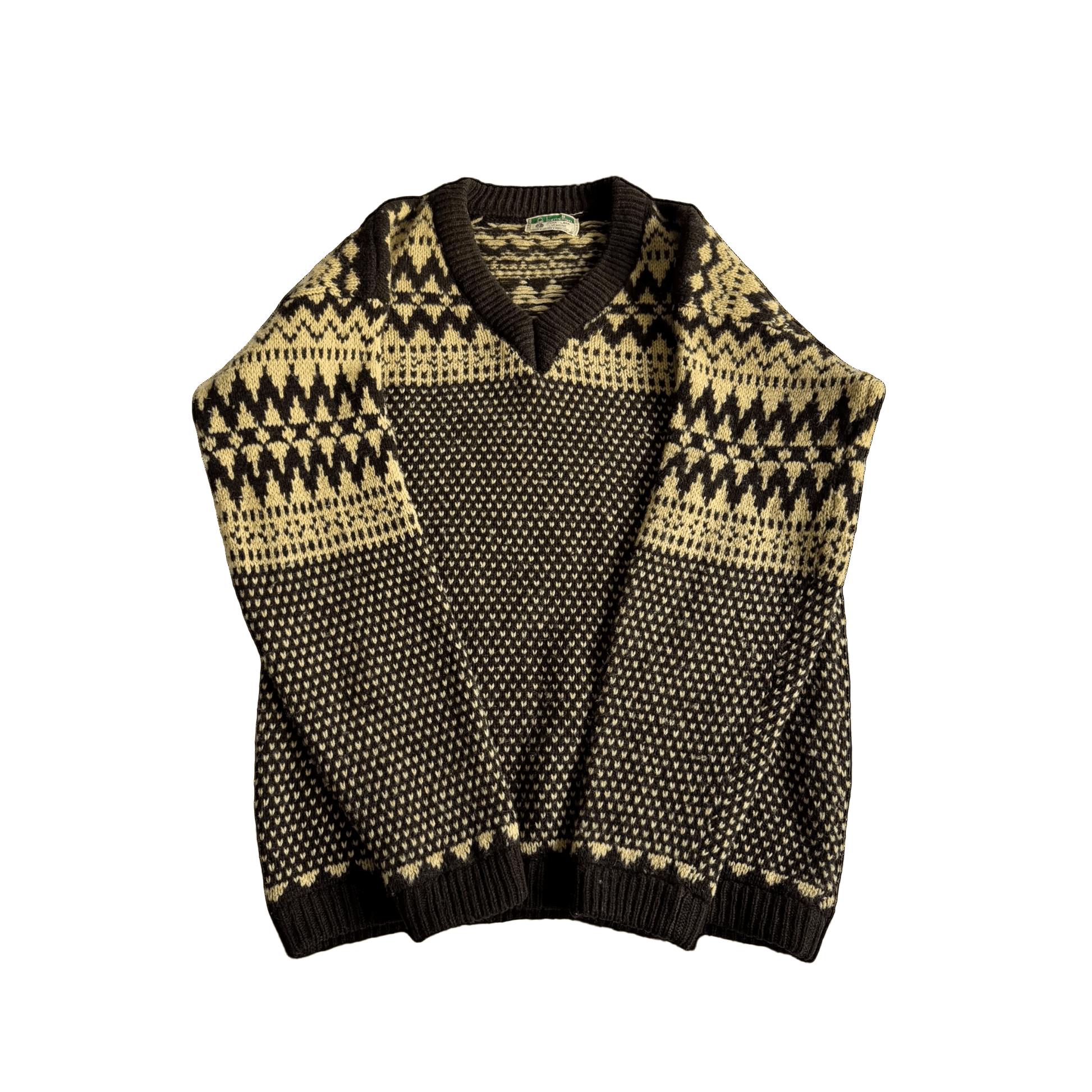 🧶 Pulover Vintage Bărbați Benetton Anii ’80 cu Decolteu în V și Model Etnic – L - anbracaminte