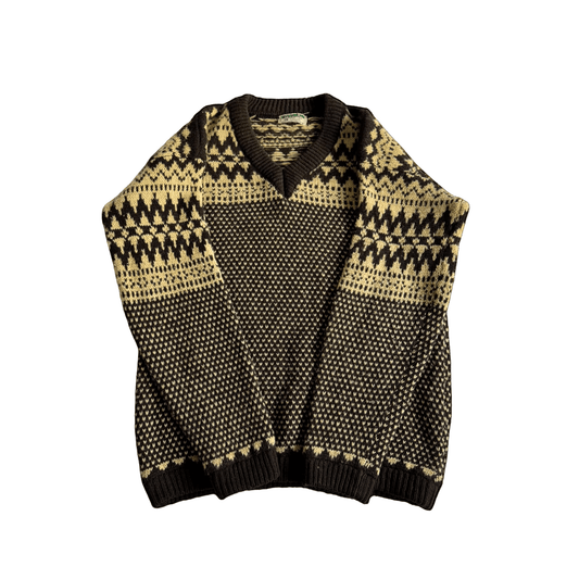 🧶 Pulover Vintage Bărbați Benetton Anii ’80 cu Decolteu în V și Model Etnic – L - anbracaminte