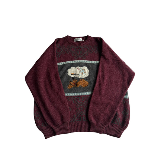 🧶 Pulover Vintage Bărbați Burgundy cu Broderie Câine – XL - anbracaminte