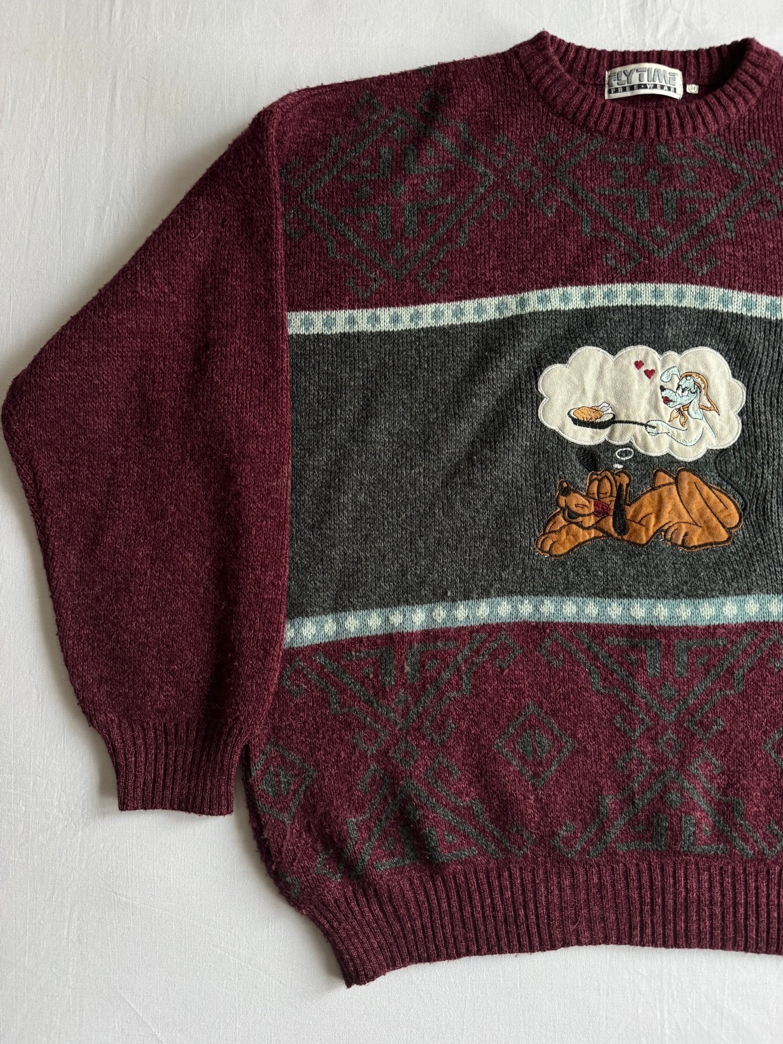 🧶 Pulover Vintage Bărbați Burgundy cu Broderie Câine – XL - anbracaminte