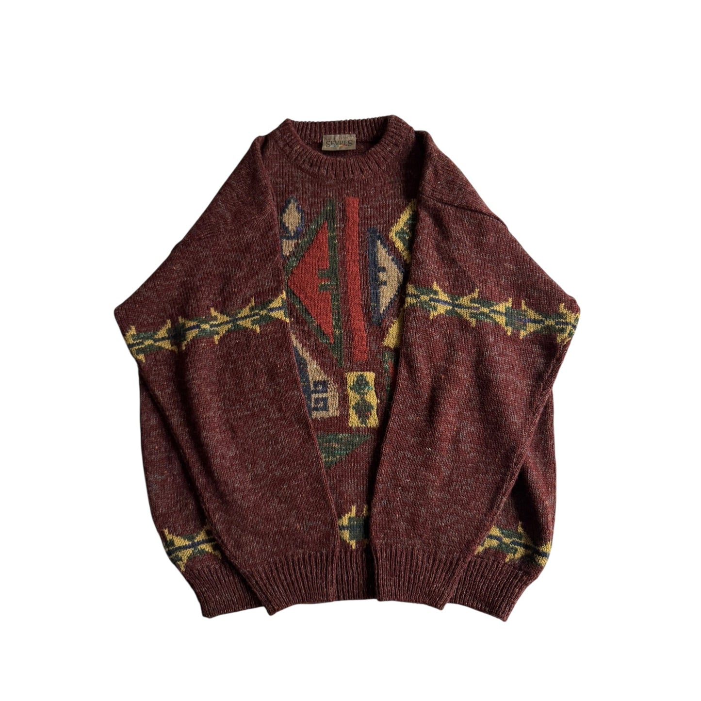 🧶 Pulover Vintage Bărbați Burgundy cu Model Etnic din Lână, Alpaca și Acril – 48 (M) - anbracaminte