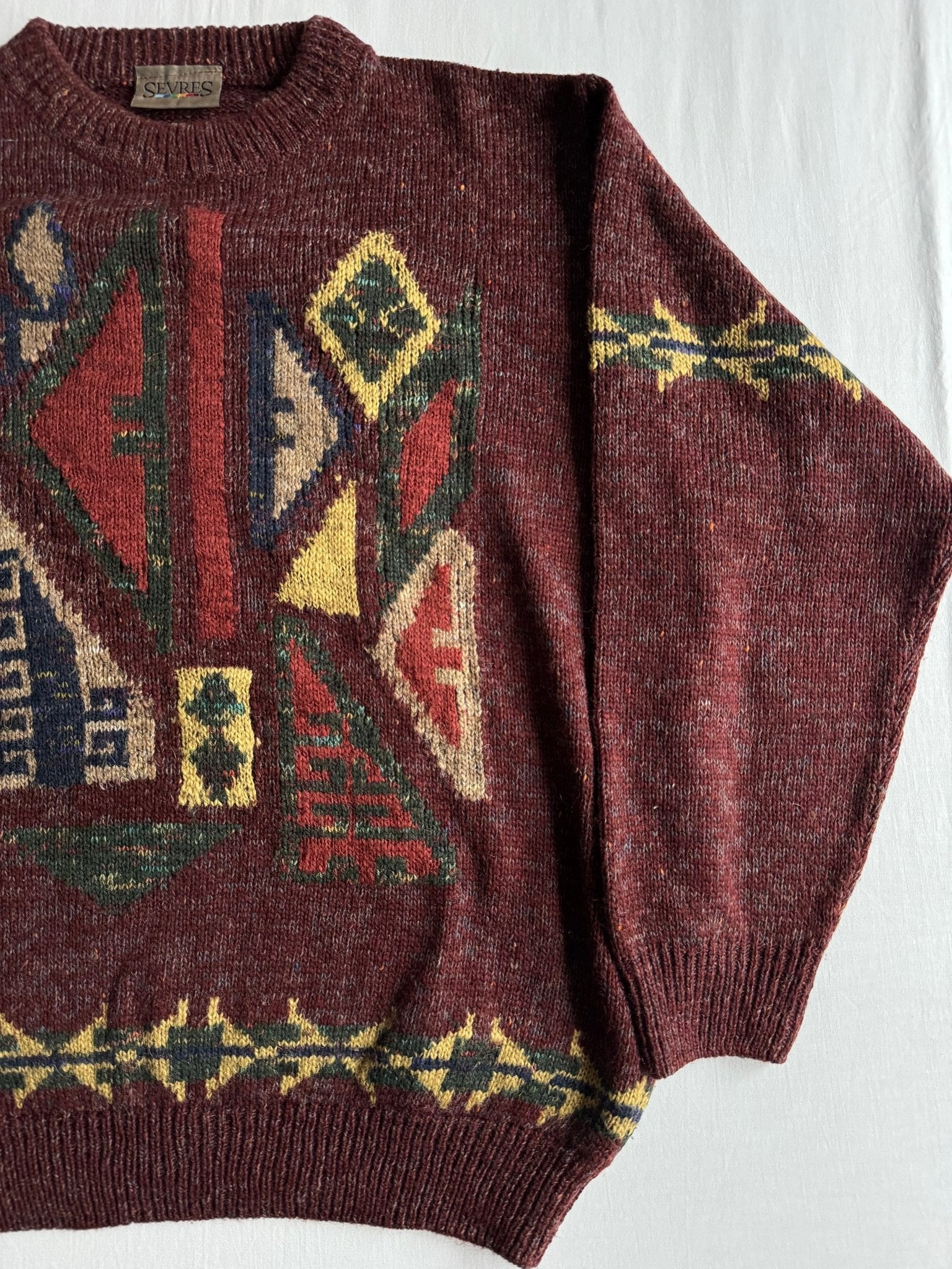 🧶 Pulover Vintage Bărbați Burgundy cu Model Etnic din Lână, Alpaca și Acril – 48 (M) - anbracaminte
