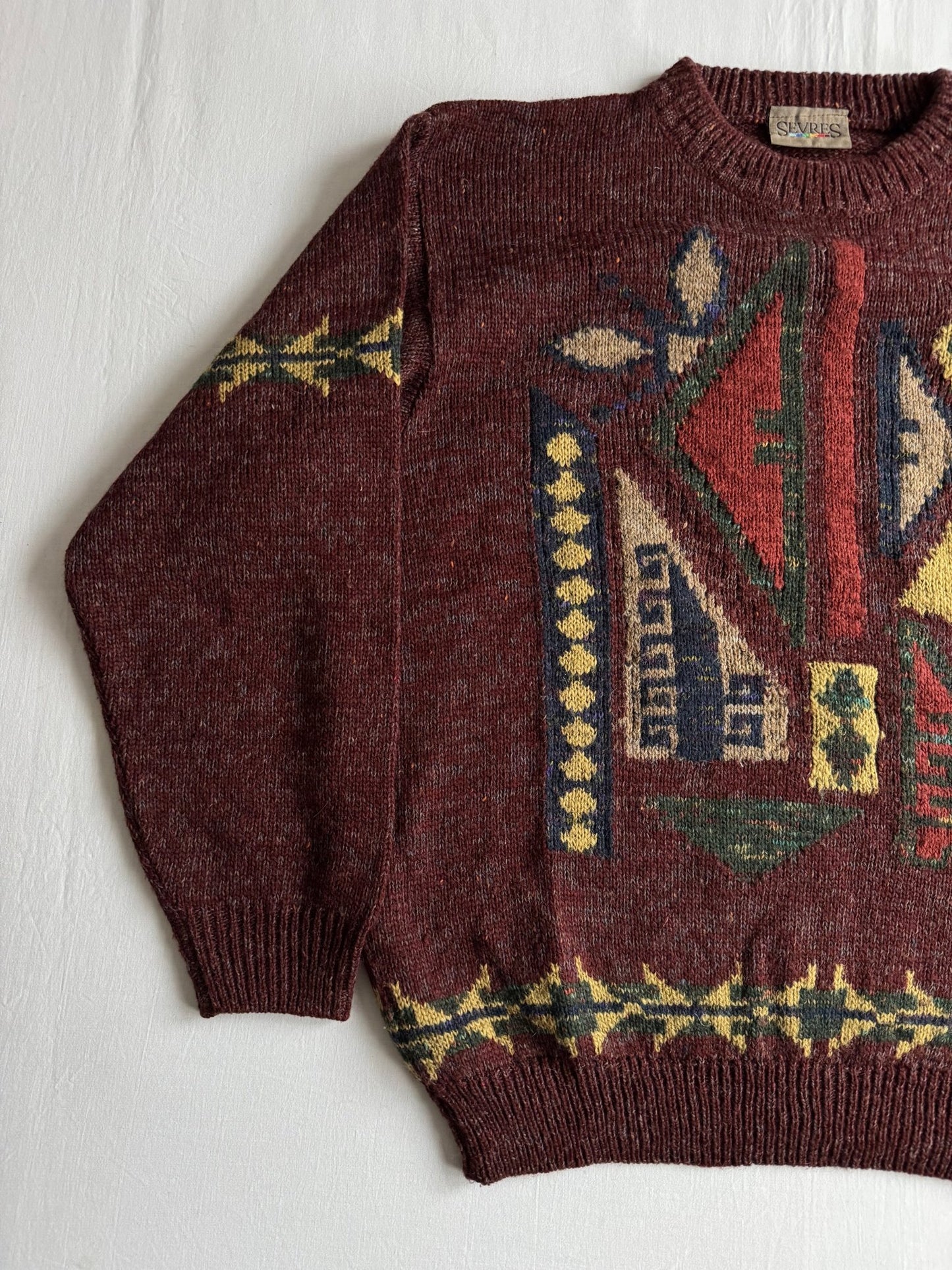 🧶 Pulover Vintage Bărbați Burgundy cu Model Etnic din Lână, Alpaca și Acril – 48 (M) - anbracaminte