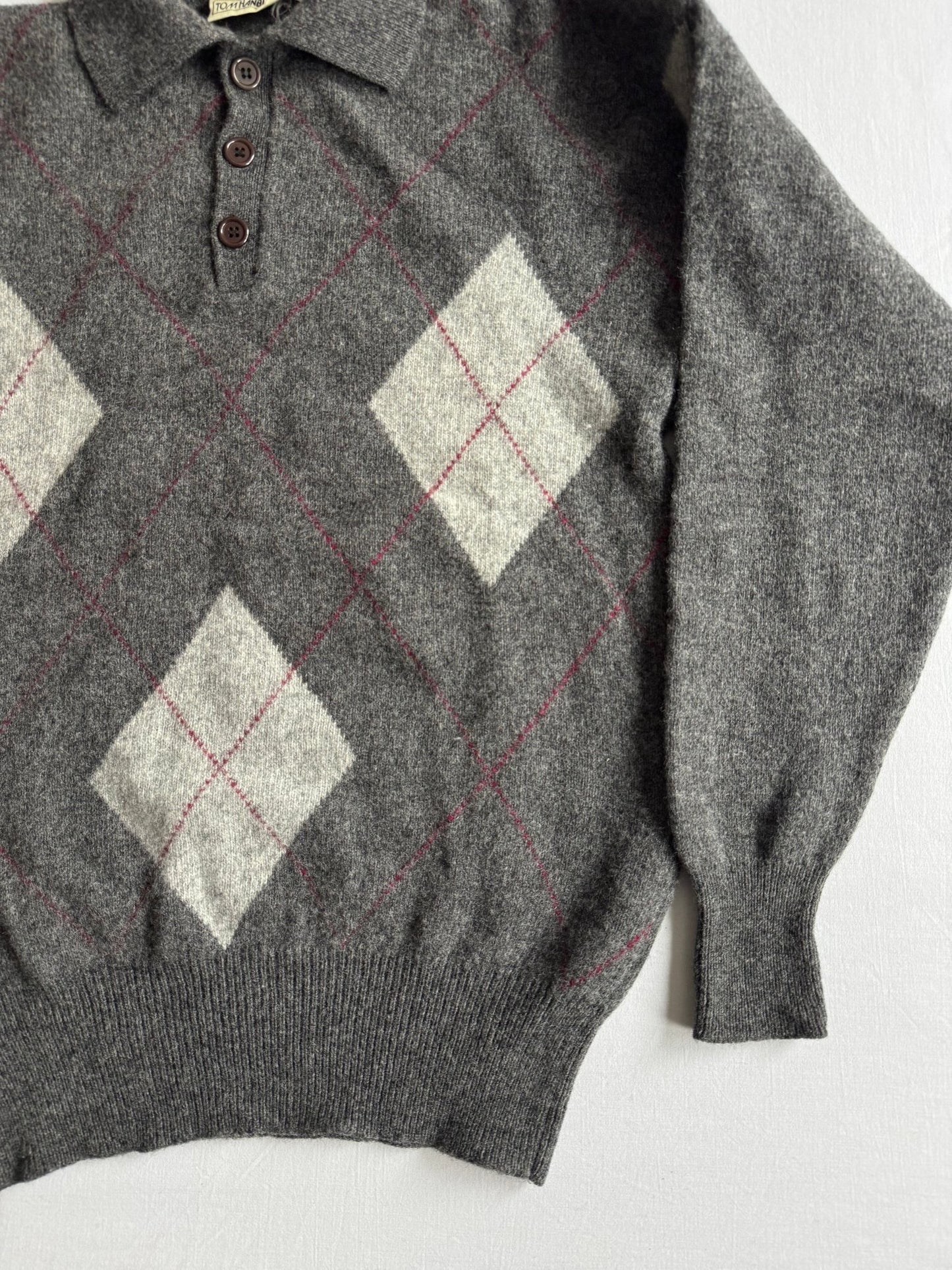 🧶 Pulover Vintage Bărbați Gri din Lână Virgină cu Guler Polo și Pattern Argyle – L - anbracaminte
