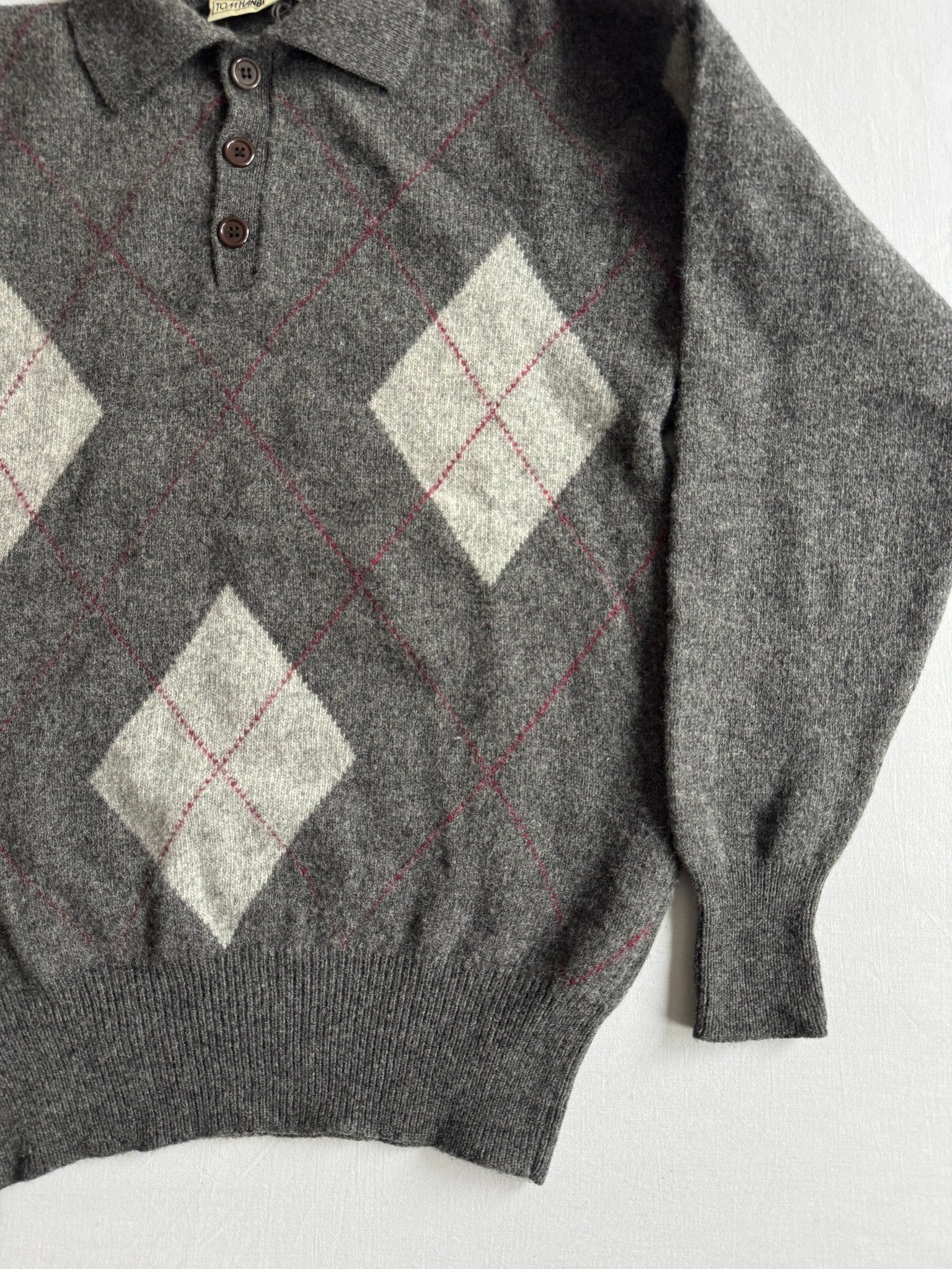 🧶 Pulover Vintage Bărbați Gri din Lână Virgină cu Guler Polo și Pattern Argyle – L - anbracaminte