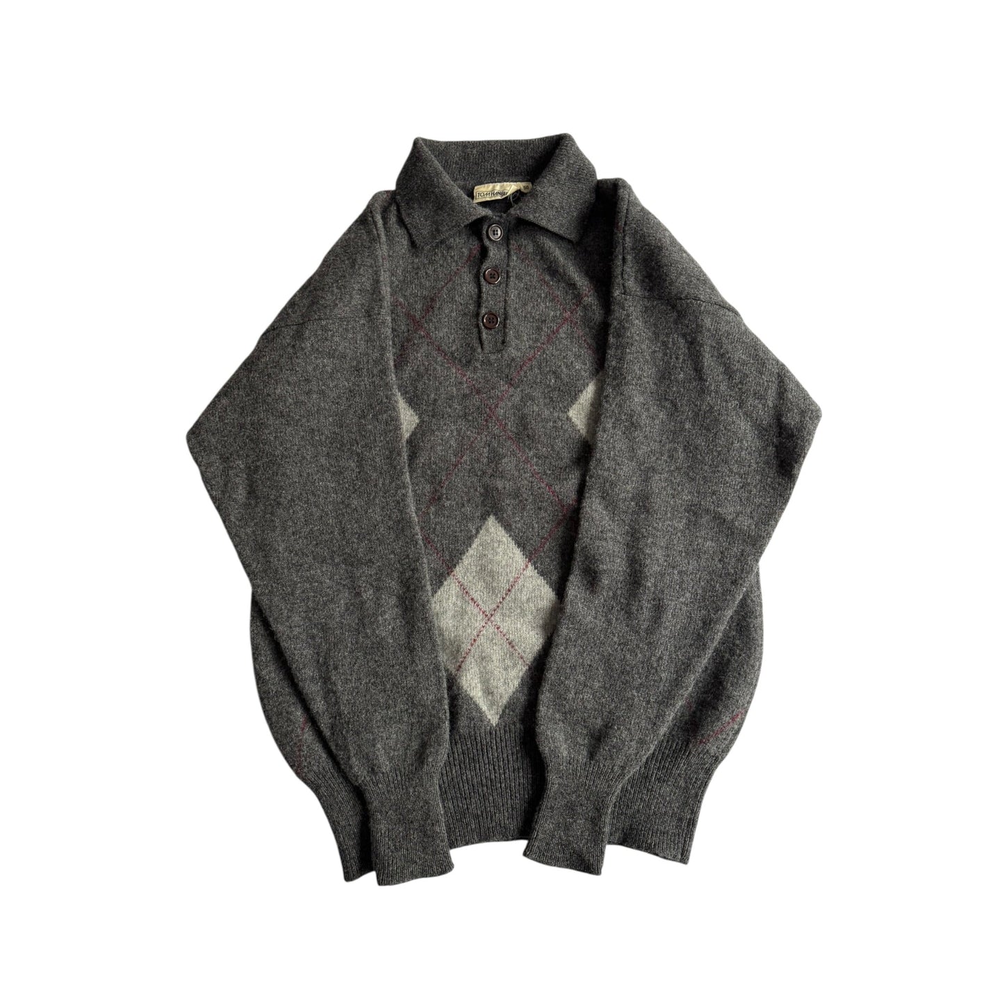 🧶 Pulover Vintage Bărbați Gri din Lână Virgină cu Guler Polo și Pattern Argyle – L - anbracaminte