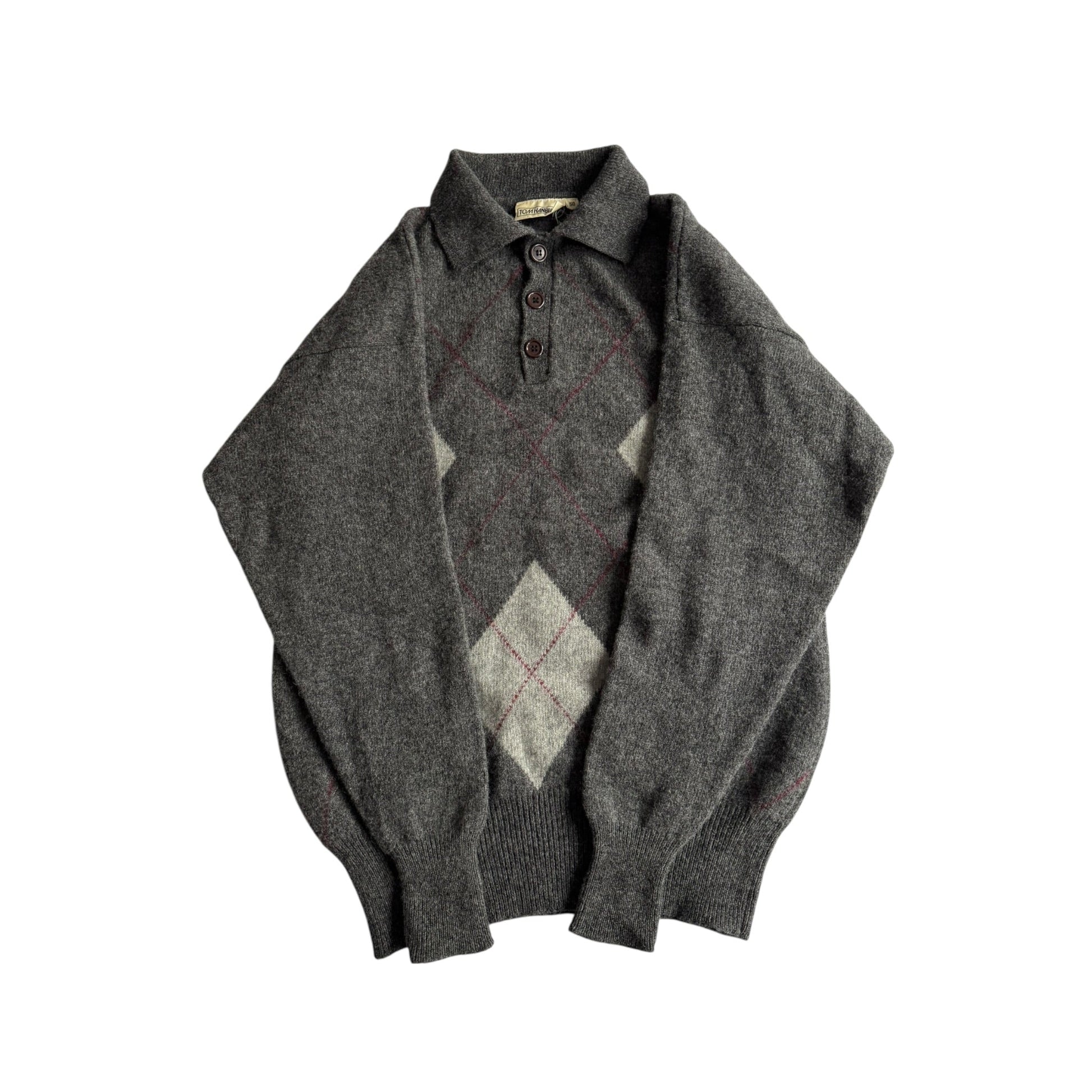 🧶 Pulover Vintage Bărbați Gri din Lână Virgină cu Guler Polo și Pattern Argyle – L - anbracaminte