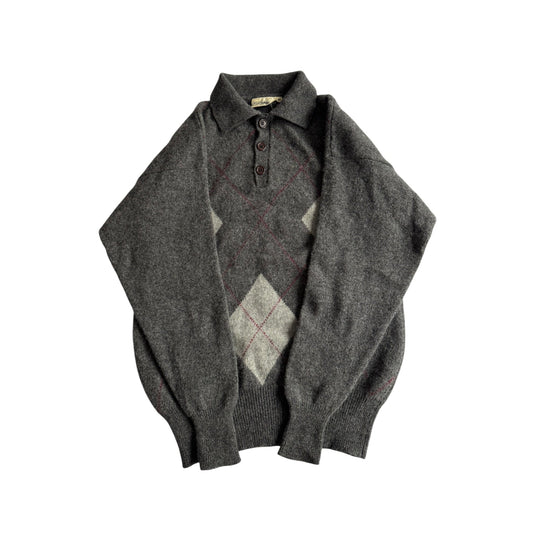 🧶 Pulover Vintage Bărbați Gri din Lână Virgină cu Guler Polo și Pattern Argyle – L - anbracaminte