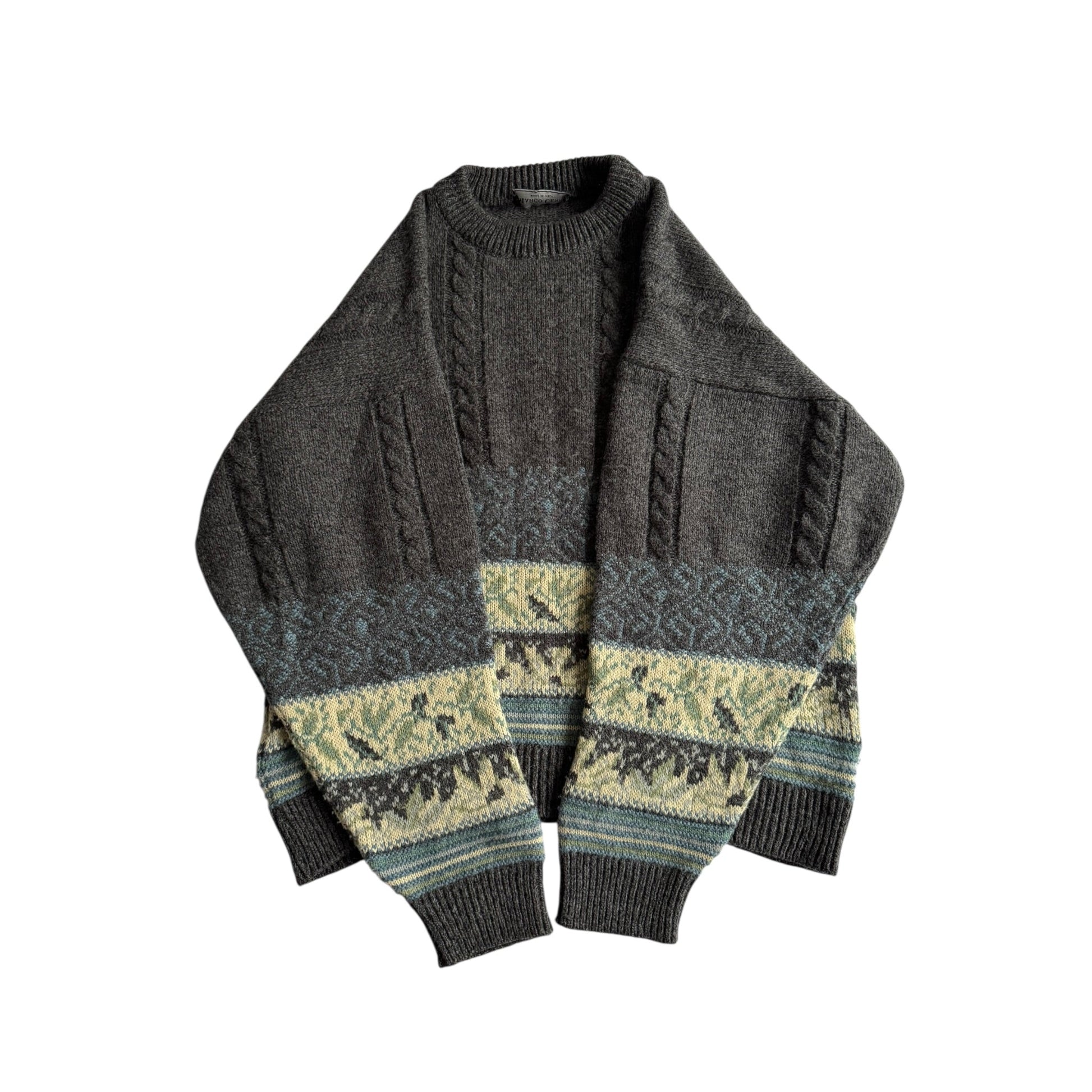 🧶 Pulover Vintage Bărbați Gri Închis Cable Knit cu Model Etnic – 52 (XL) - anbracaminte