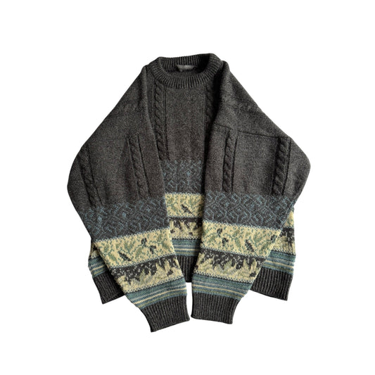 🧶 Pulover Vintage Bărbați Gri Închis Cable Knit cu Model Etnic – 52 (XL) - anbracaminte