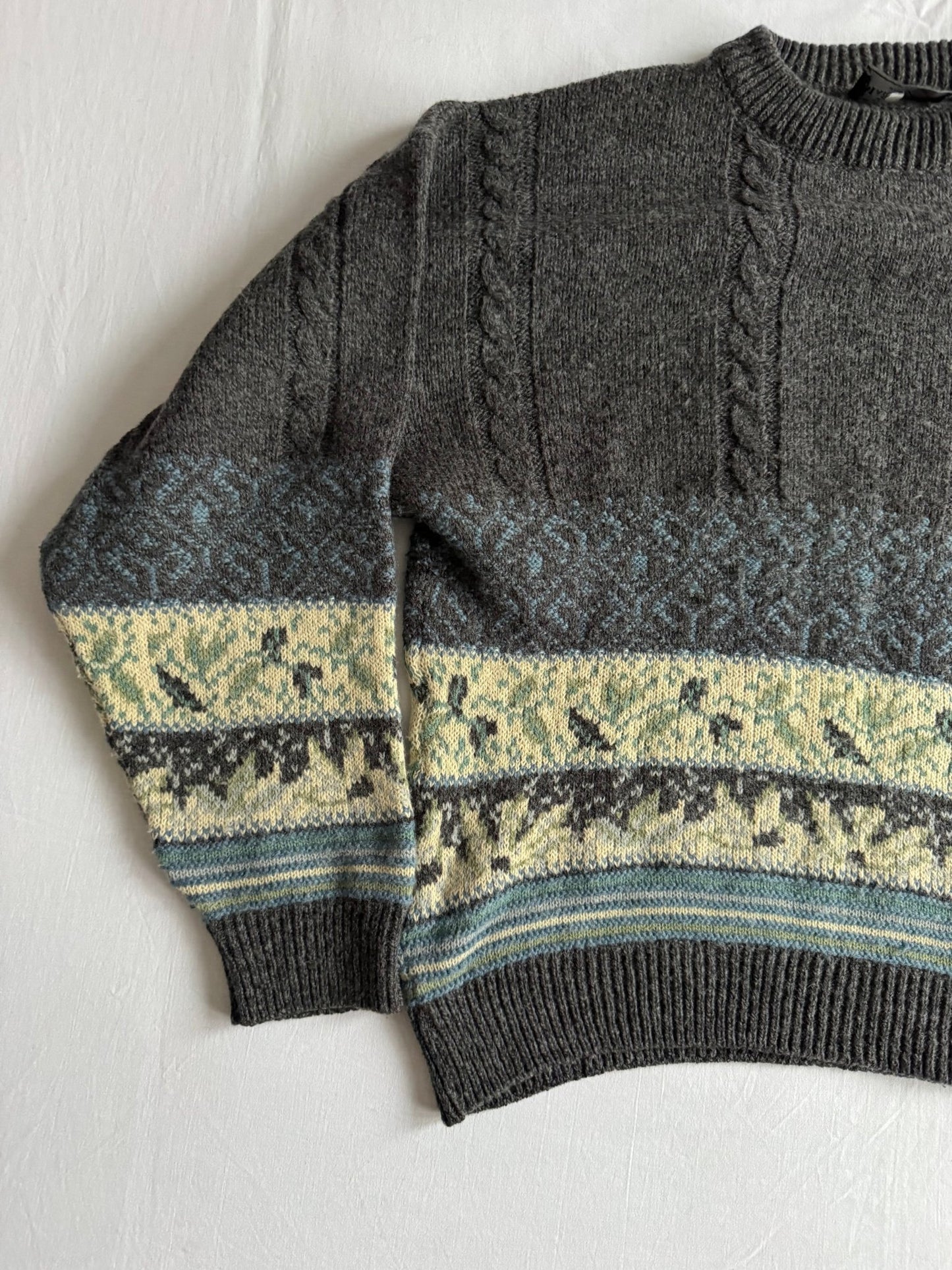🧶 Pulover Vintage Bărbați Gri Închis Cable Knit cu Model Etnic – 52 (XL) - anbracaminte