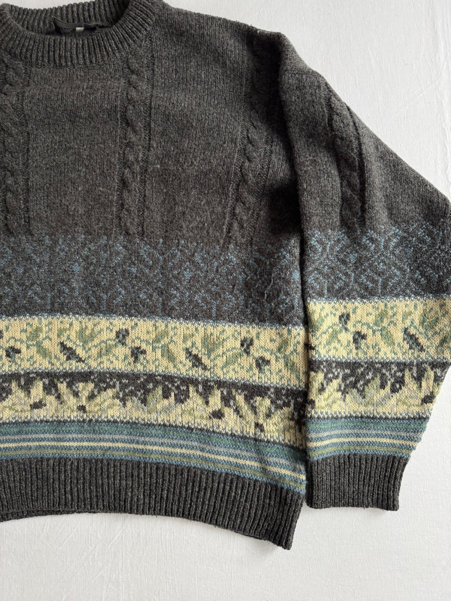 🧶 Pulover Vintage Bărbați Gri Închis Cable Knit cu Model Etnic – 52 (XL) - anbracaminte