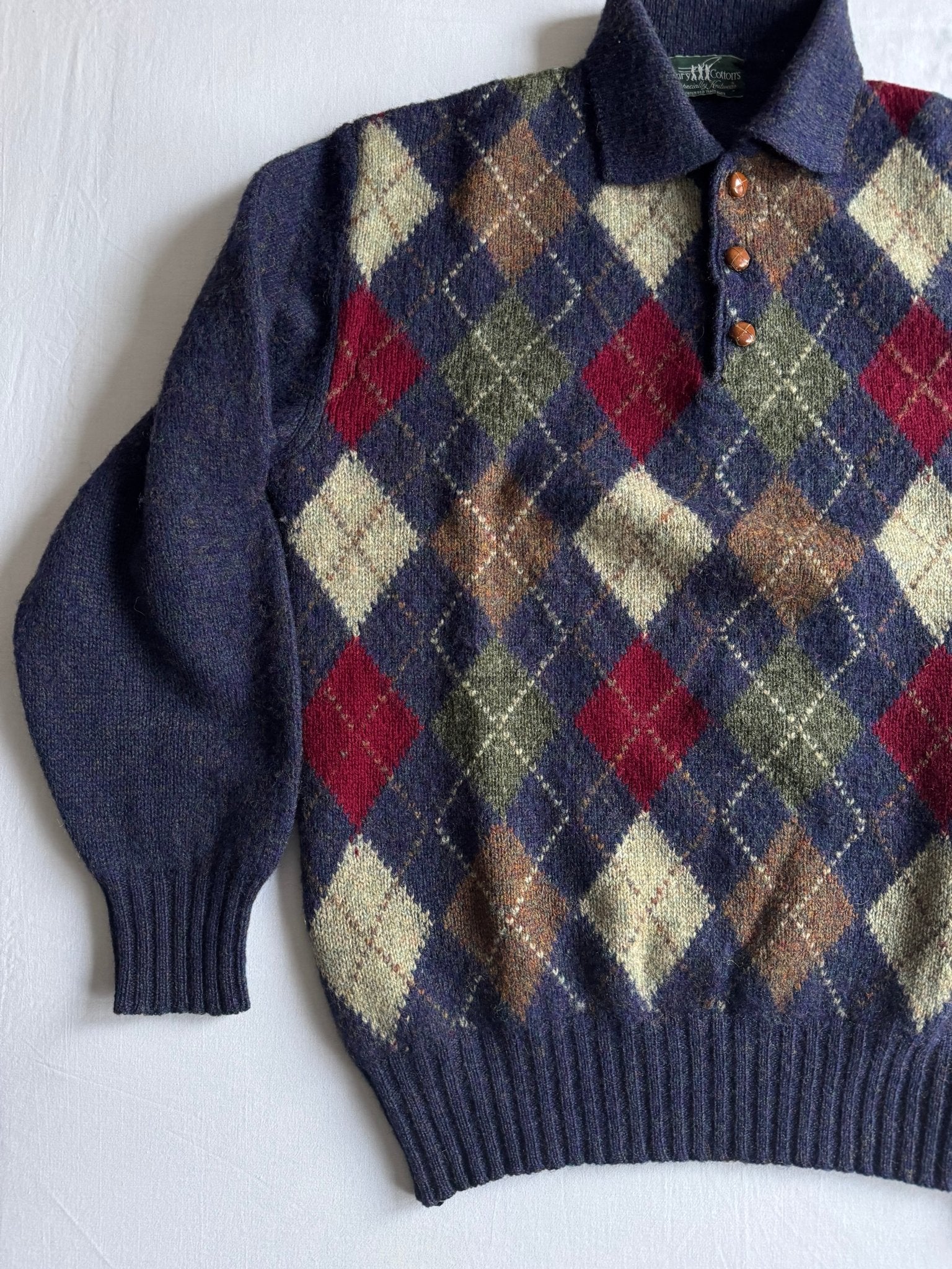 🧶 Pulover Vintage Bărbați Henry Cotton’s cu Model Argyle și Guler Polo – M - anbracaminte