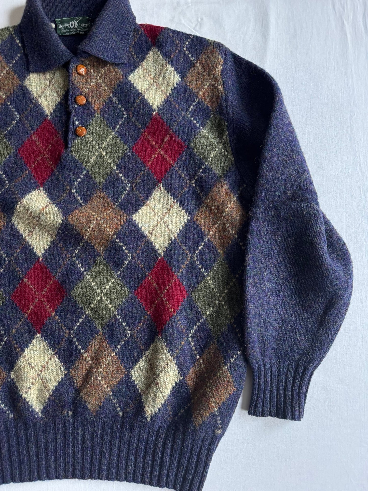 🧶 Pulover Vintage Bărbați Henry Cotton’s cu Model Argyle și Guler Polo – M - anbracaminte