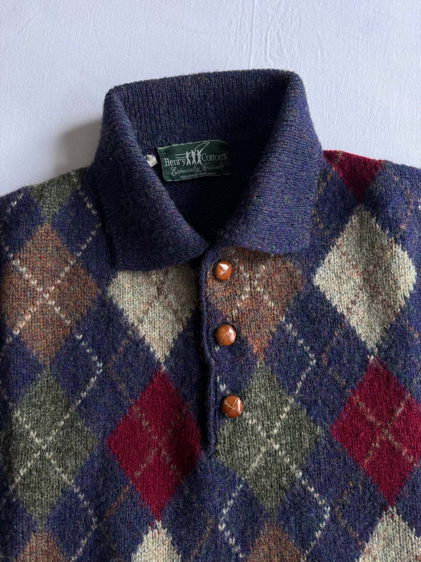 🧶 Pulover Vintage Bărbați Henry Cotton’s cu Model Argyle și Guler Polo – M - anbracaminte
