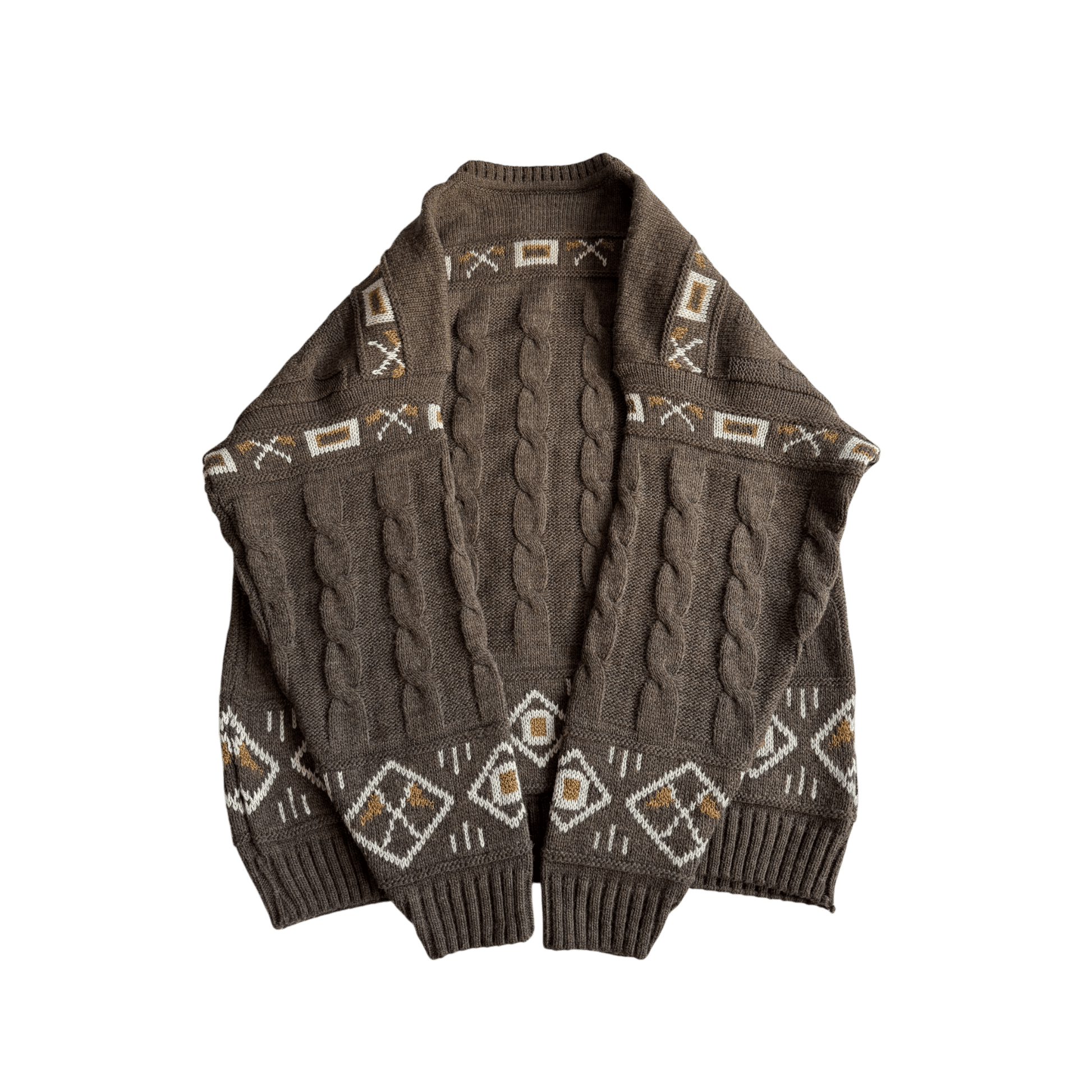 🧶 Pulover Vintage Bărbați Maro Cable Knit cu Model Etnic – XL - anbracaminte