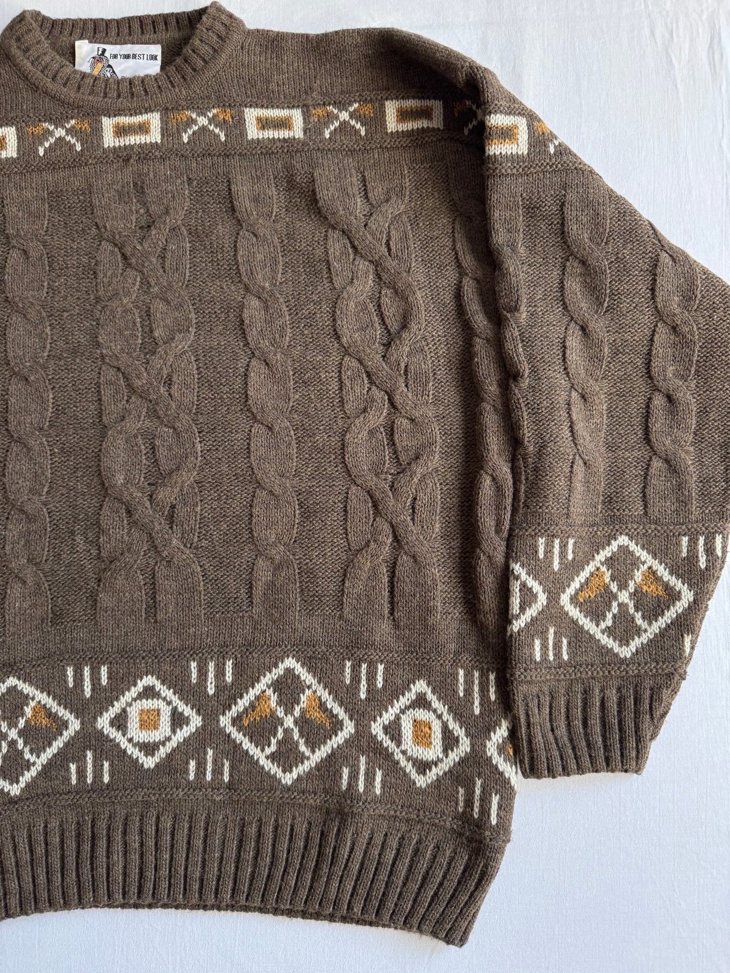 🧶 Pulover Vintage Bărbați Maro Cable Knit cu Model Etnic – XL - anbracaminte