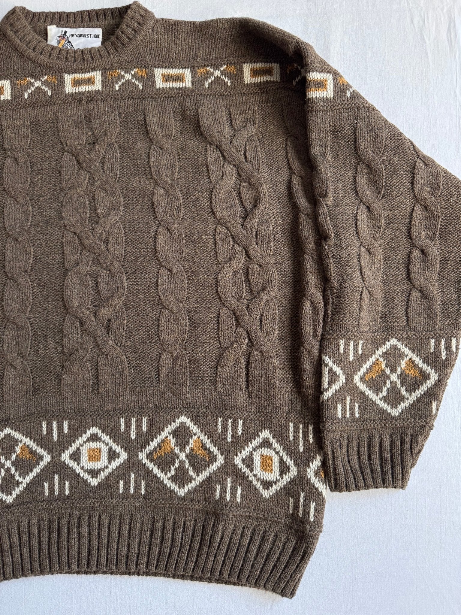 🧶 Pulover Vintage Bărbați Maro Cable Knit cu Model Etnic – XL - anbracaminte