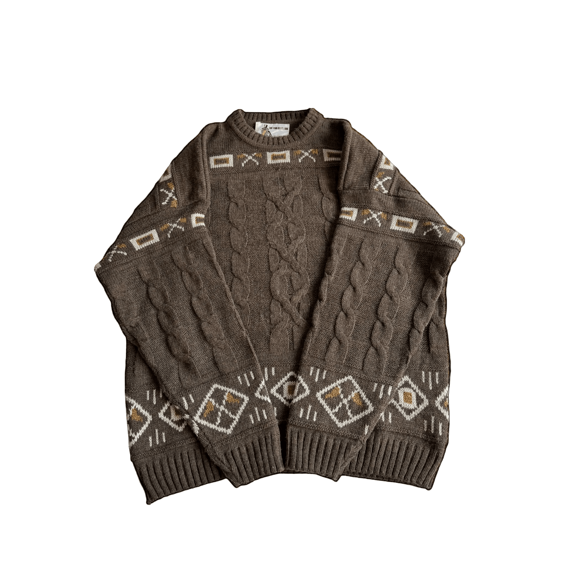 🧶 Pulover Vintage Bărbați Maro Cable Knit cu Model Etnic – XL - anbracaminte