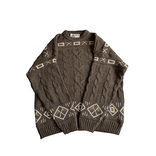 🧶 Pulover Vintage Bărbați Maro Cable Knit cu Model Etnic – XL - anbracaminte